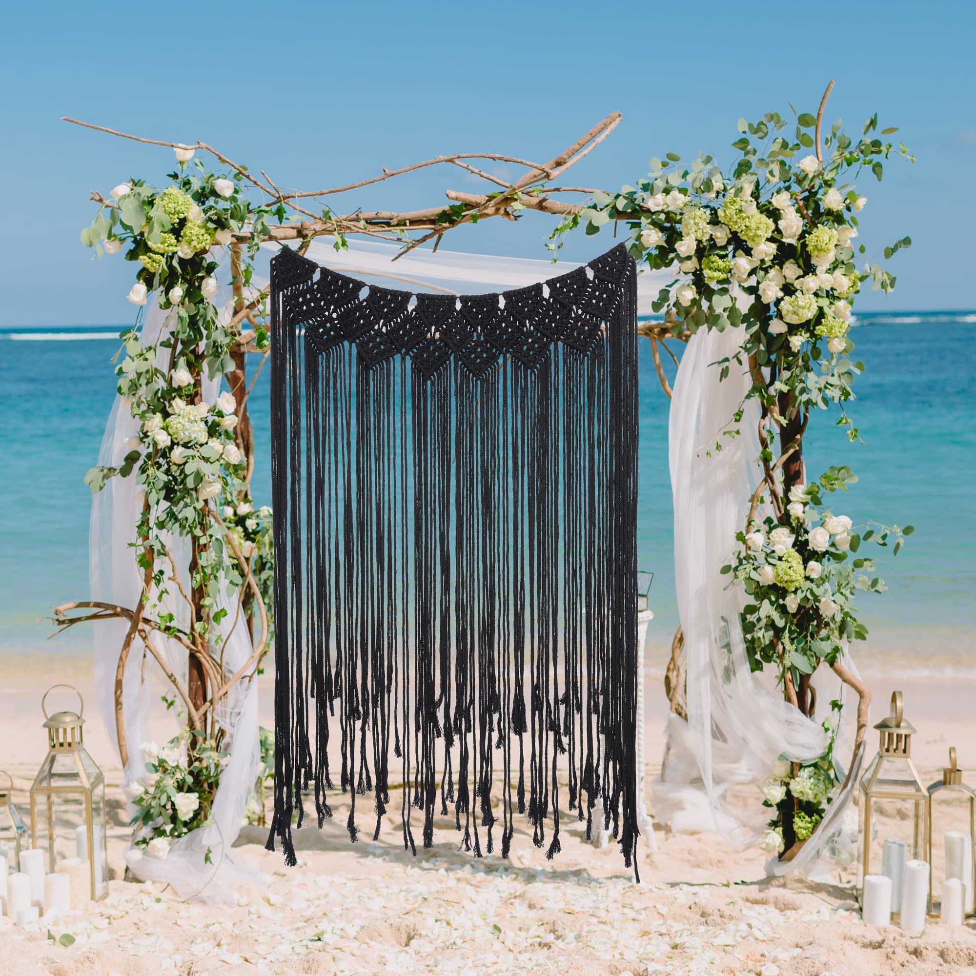 Moslovstar Macrame Wall Hanging Boho Wall Decor Art, 45" Long Cotton Handwoven Tassel Tapestry Home Bedroom Living Room Background Decoration, Black