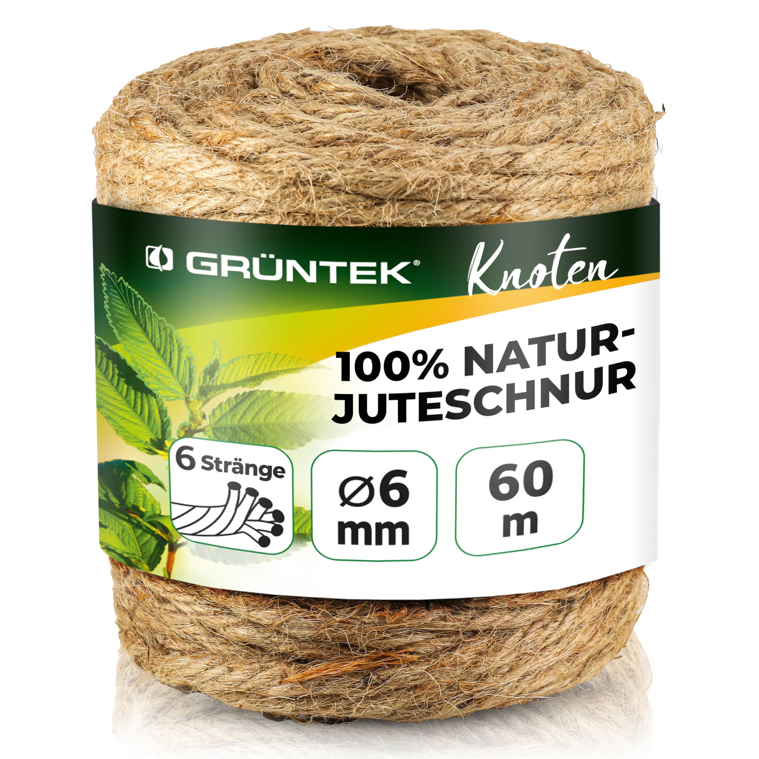 GRÜNTEK Garten Juteschnur 6 mm Dicke, Bindegarn, Gartenschnur, Bastelschnur Kordel Rolle mit 60 m, 100% Jutegarn Naturfarbe, zum Geschenke verpacken, Pflanzen binden, Basteln, Handwerken