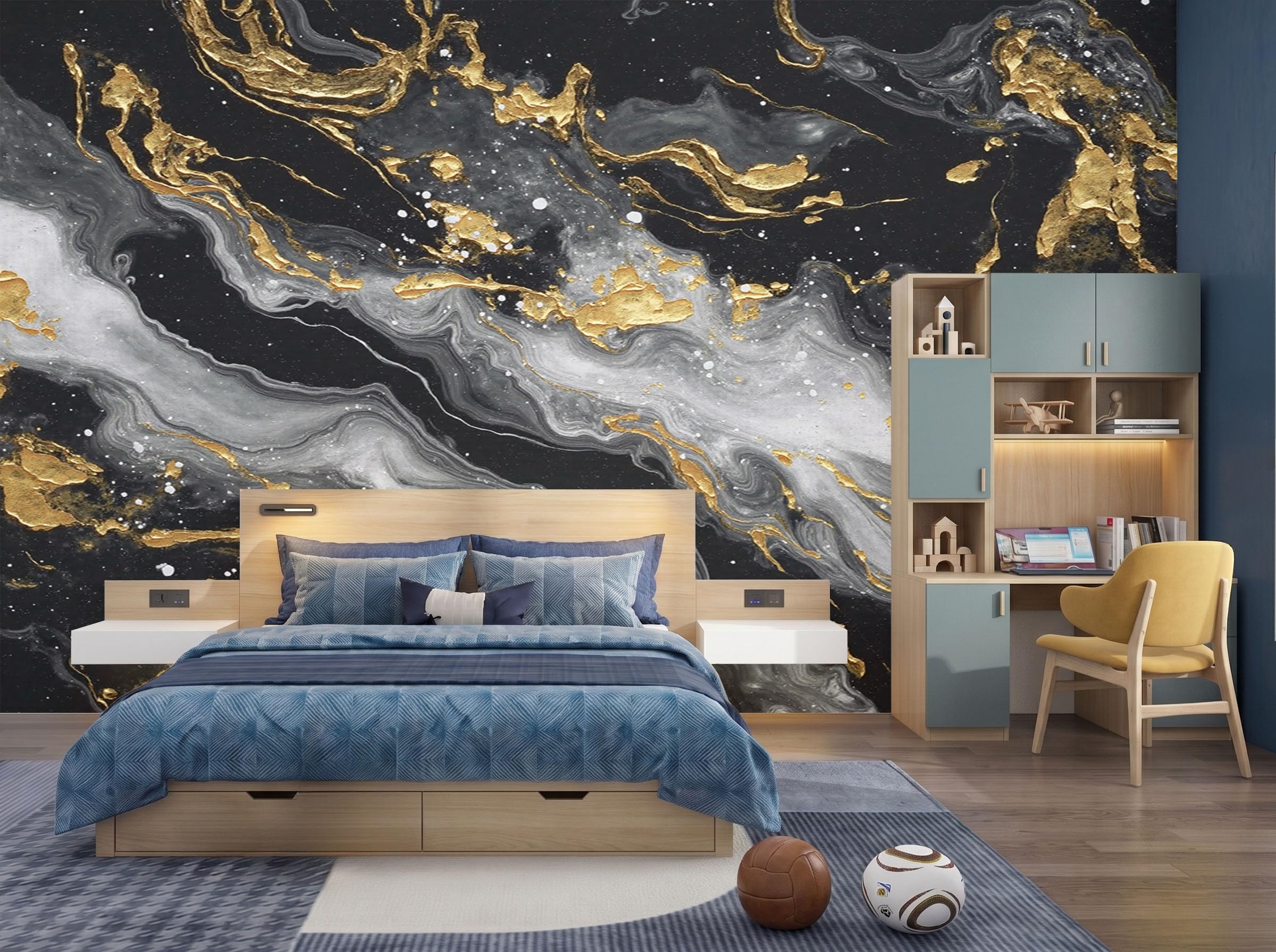 Fototapete Abstraktes Marmorgraffiti Tapete Luxus-Crack-Welle Tapeten Vliestapete Schwarzes Gold Modern Wandtapete Wohnzimmer Schlafzimmer Kinderzimmer Wanddeko Motivtapeten 250X175Cm (Bxh)