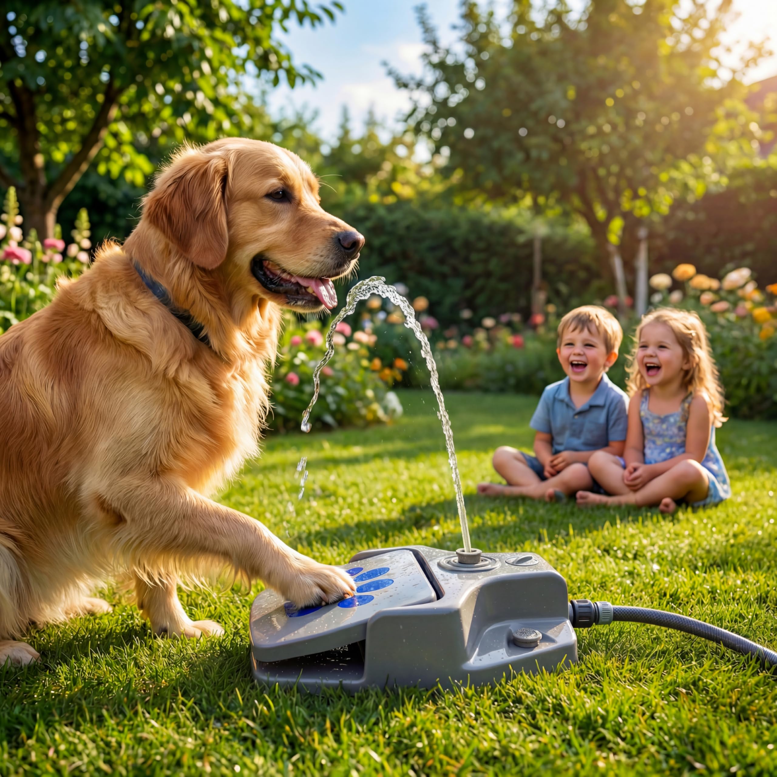 Trinkbrunnen für Hunde – Interaktives Wasserspielzeug Hund mit 3 Sprühstufen – Hunde Wasserspielzeug mit Gartenschlauch Anschluss – Outdoor Splash Spielzeug Garten