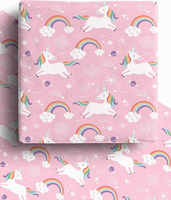 4 x Pink Unicorn Rainbow Eco Wrapping Paper Sheets - Premium Recyclable Gift Wrap Perfect for Birthday, New Baby Girl and more. 100% Recycled Eco Friendly Paper