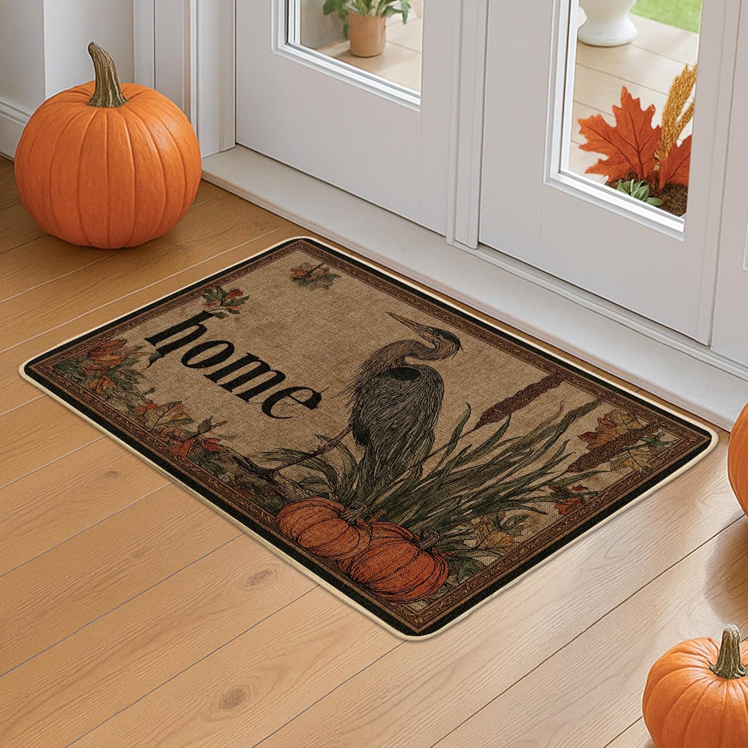 Autumn Heron Doormat, Beige Bird Door Mat for Indoor & Outdoor Entryway Farmhouse Decor, Rubber Waterproof Non-Slip Dust Control Front Mats, Easy Clean 29x17 Inch