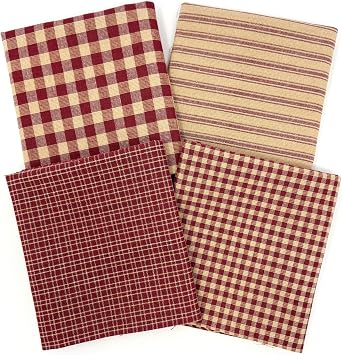 Set of 4 Fat Quarters, Primitive Red Assorted Plaid Gingham Homespun Cotton Fabric Bundle by JCS