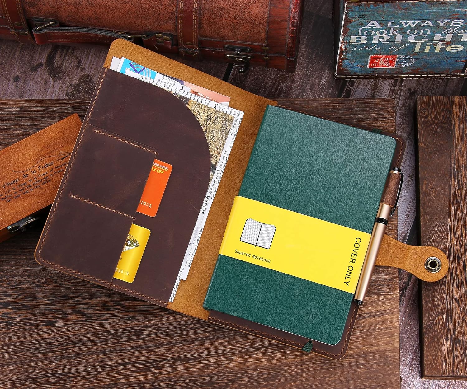 Handmade Journal Cover For Moleskine Hardcover Large Size 5"x8.25" Notebook, Vintage Leather Cover With Pen Holder & Snap Closure For Hardcover Notebooks-Brown