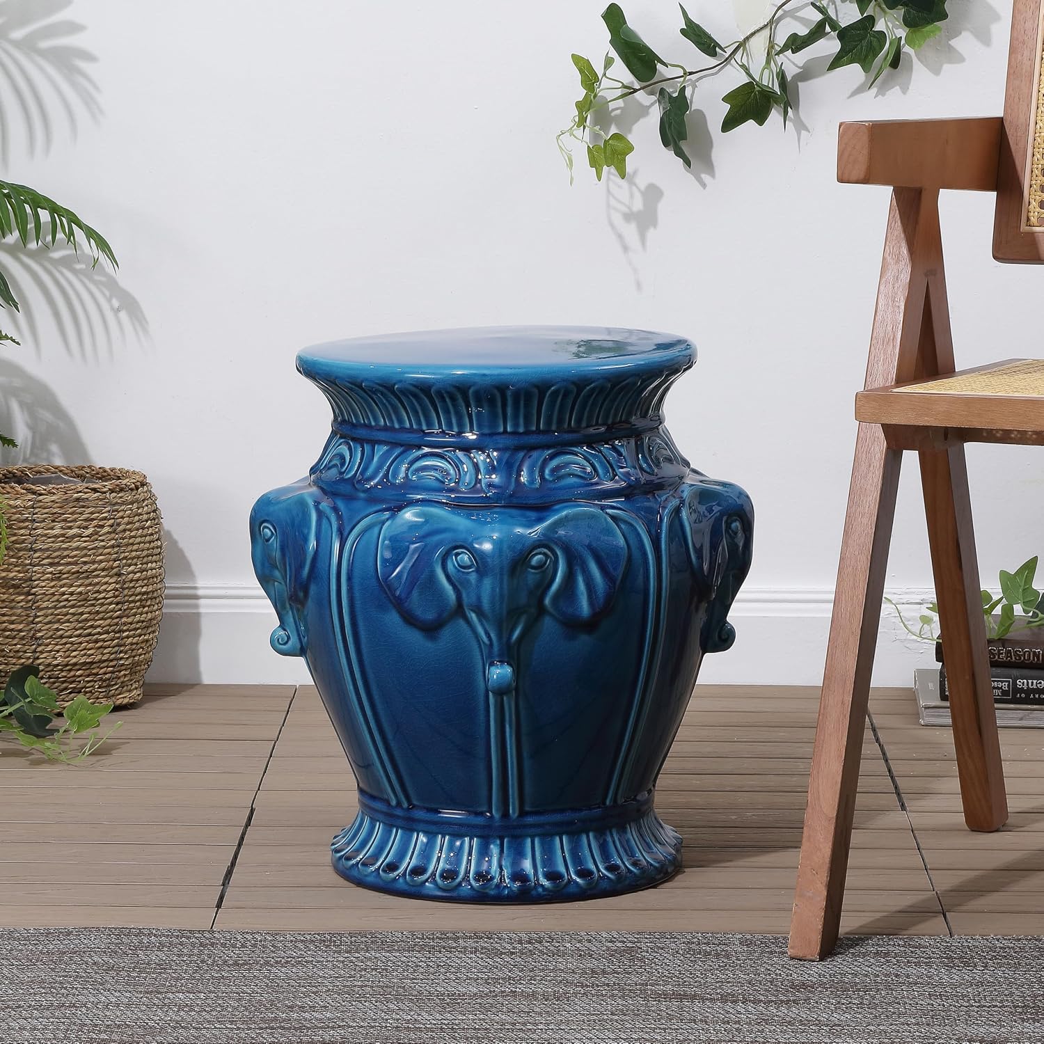 JONATHAN Y TBL1037B Anita 18" Classic Vintage Ceramic Indoor/Outdoor 4-Elephant Garden Stool, Bohemian, Coastal, Cottage, Traditional, Spill-Proof, Living Room, Garden Room, Patio, Blue Cracks