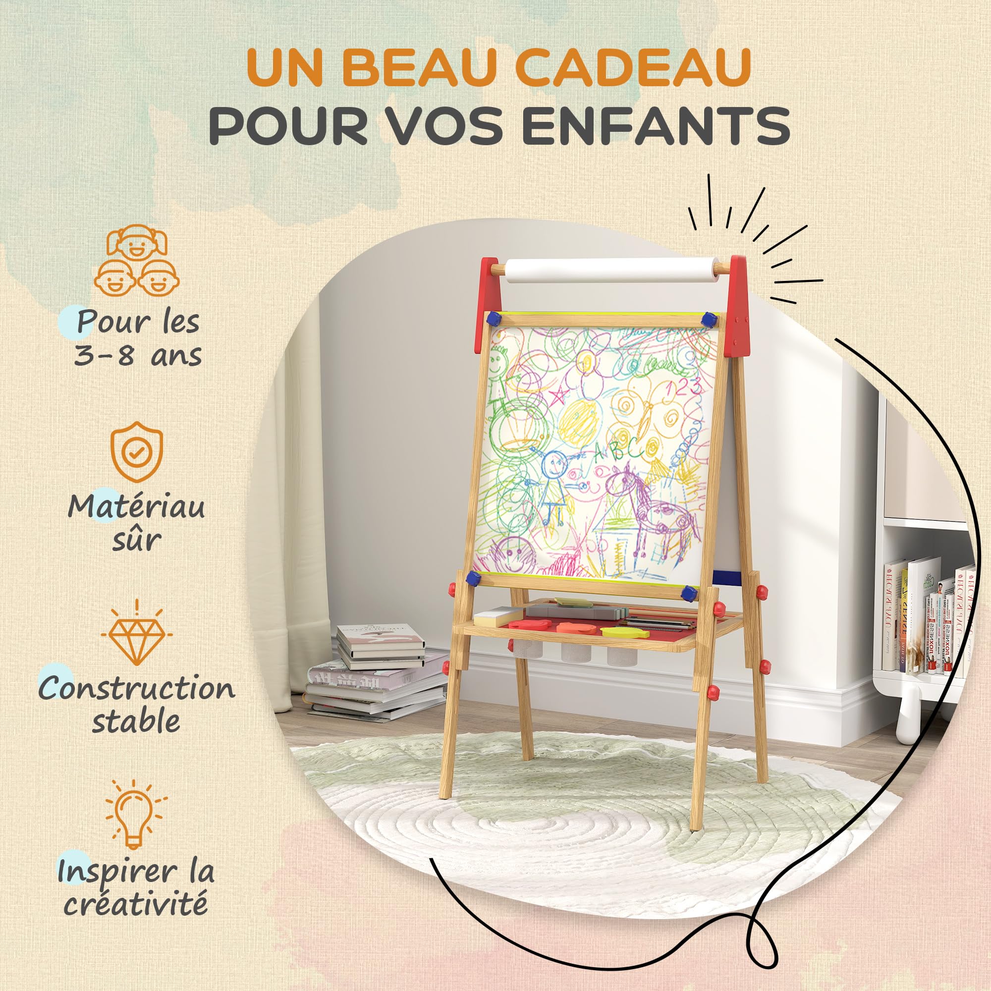 Chevalet Double Face AIYAPLAY – Tableau Noir + Blanc, étagères, MDF, Pour Enfants De 18 à 48 Mois (gris)