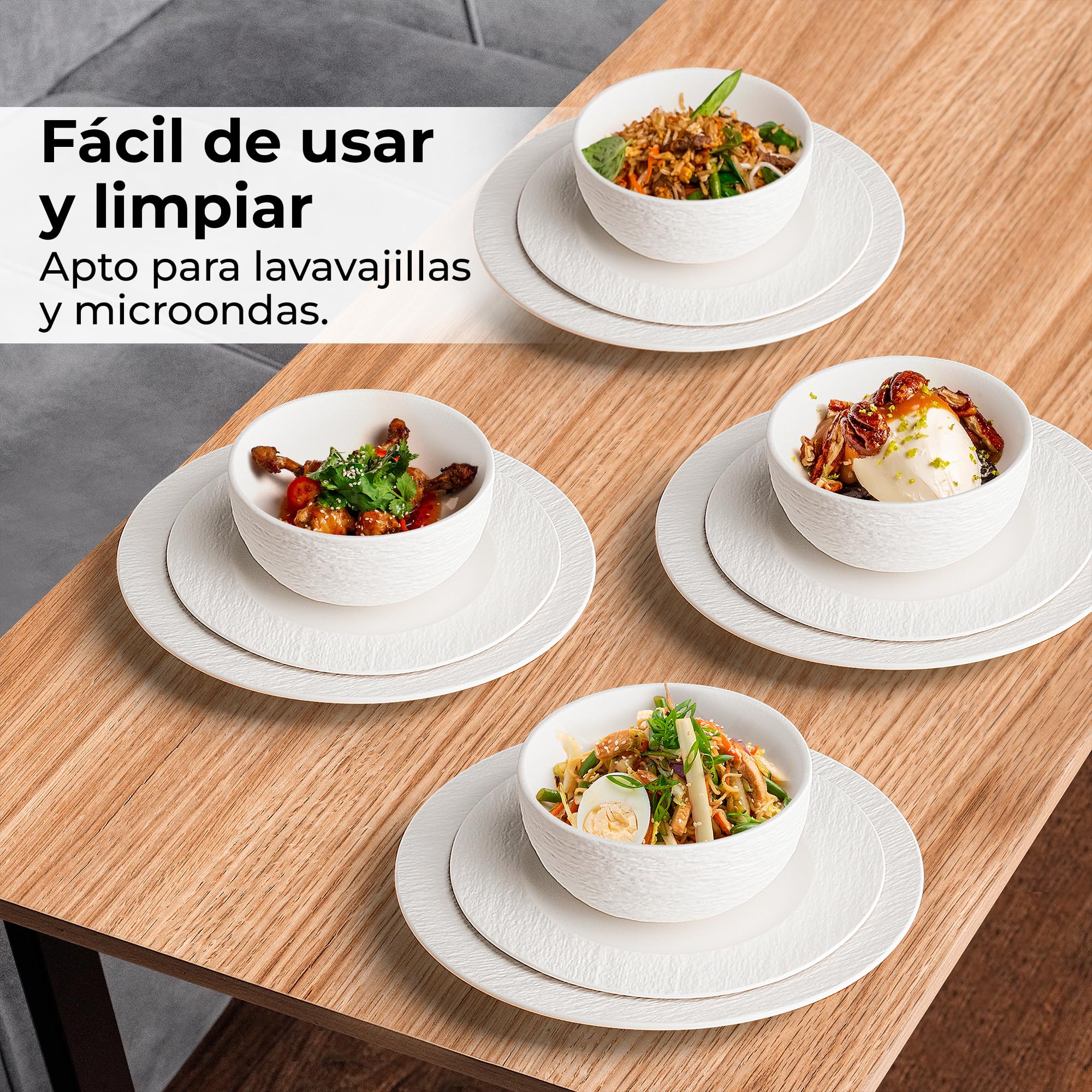 MIAMIO - Vajilla de 16 Piezas Cerámica – Set de Mesa Moderno para 4 Personas – Platos, Cuencos y Tazas en Blanco – Colección Oasis, Apta Lavavajillas y Microondas