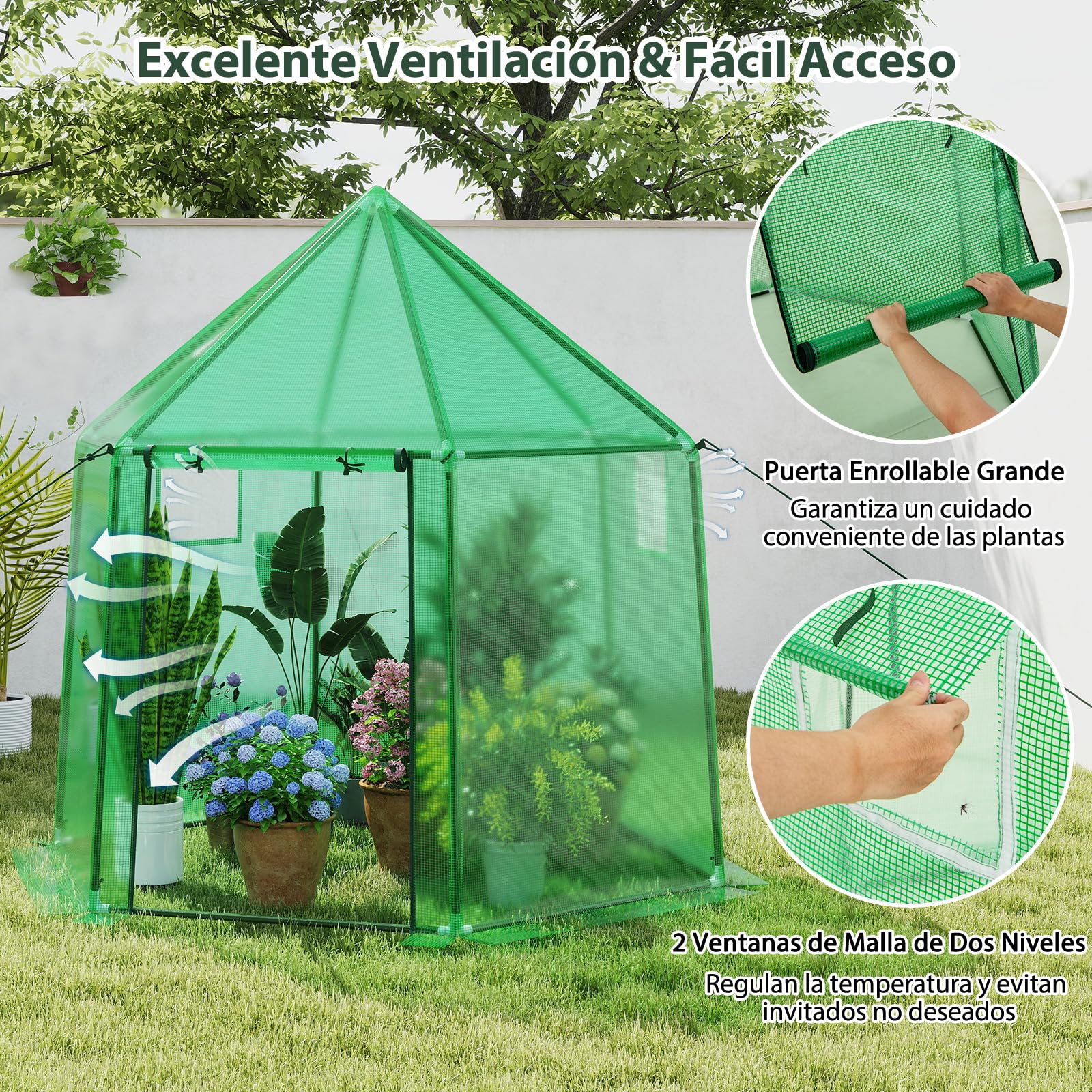 Invernadero Portátil, Tienda de Campaña Exterior con Cubierta de PE, Estructura Metálica, Puerta con Cremallera Enrollable y Ventanas de Malla, Juego para Plantas para Temporada de Cultivo Extendida
