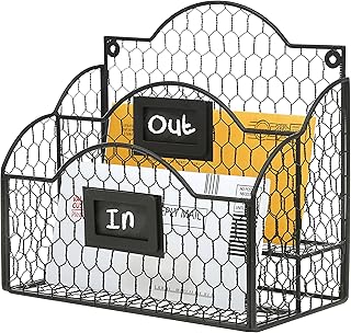 MyGift Metal Wire Basket Desk Organizer, 2 Compartment Inbox/Outbox Black Entryway Wall Mail Sorter, Office Desktop Stationery File Organizer Holder with Chalkboard Labels