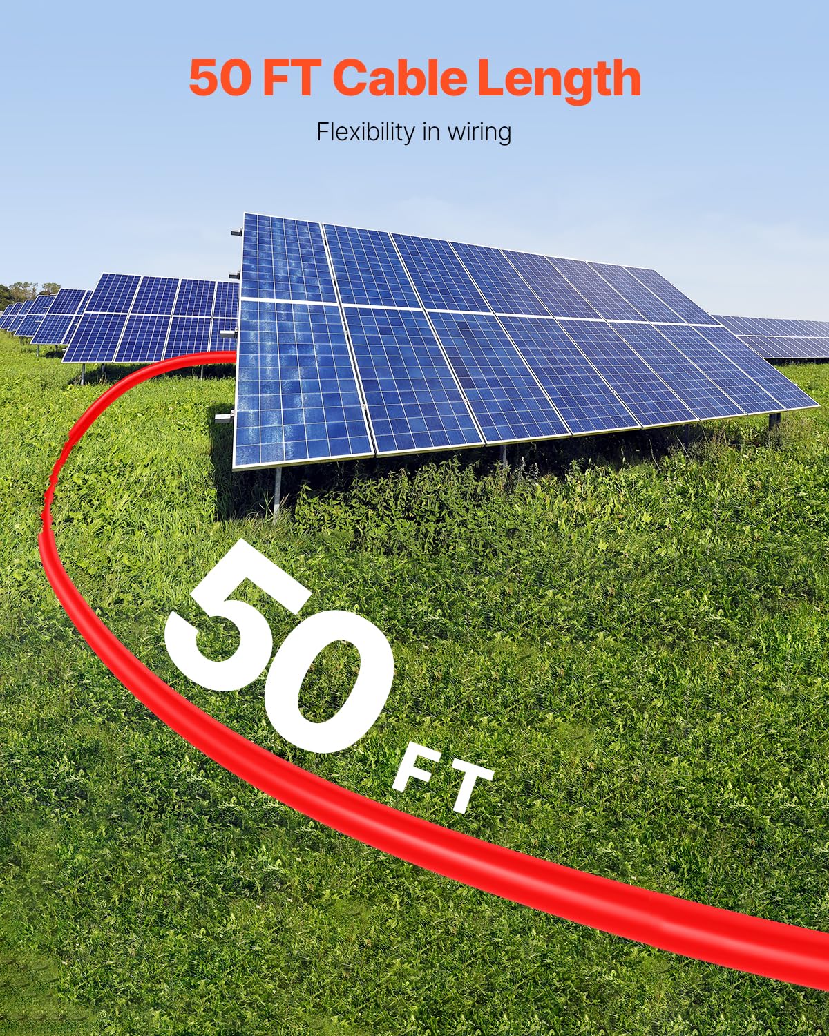 VEVOR 2 PCS Cable de Extensión para Panel Solar de 15,24 m, 10 AWG, Cable Fotovoltaico de 6 mm² con Conectores Hembra y Macho a Prueba de Agua para Paneles Solares Domésticos, de Barco, Negro y Rojo