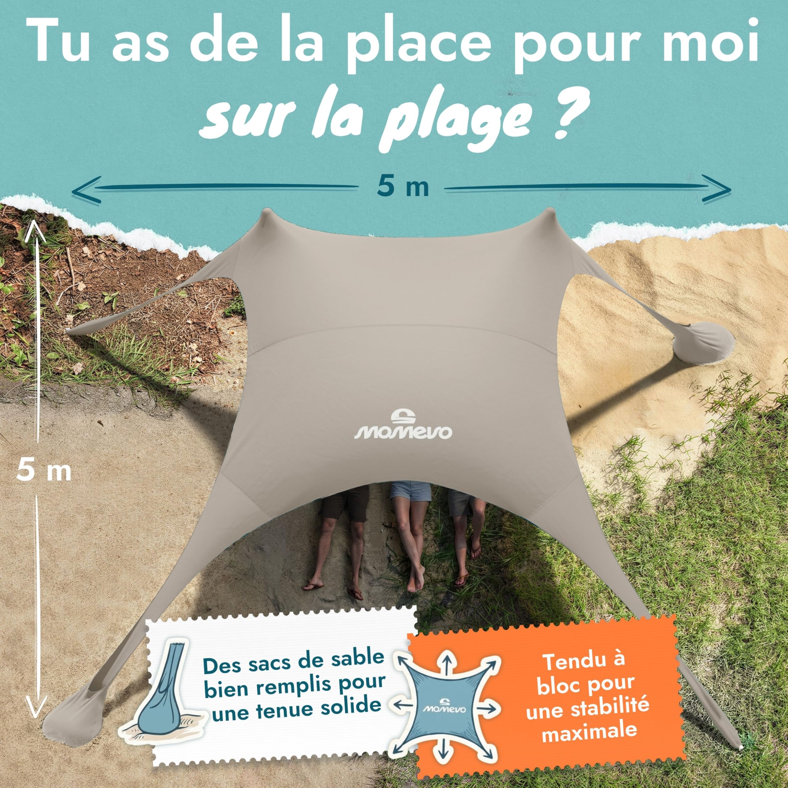 Tente de plage avec voile d’ombrage – Abri de plage avec protection UV UPF50+, stable au vent et léger, tente de plage nouvelle génération (2 barres, Sable)