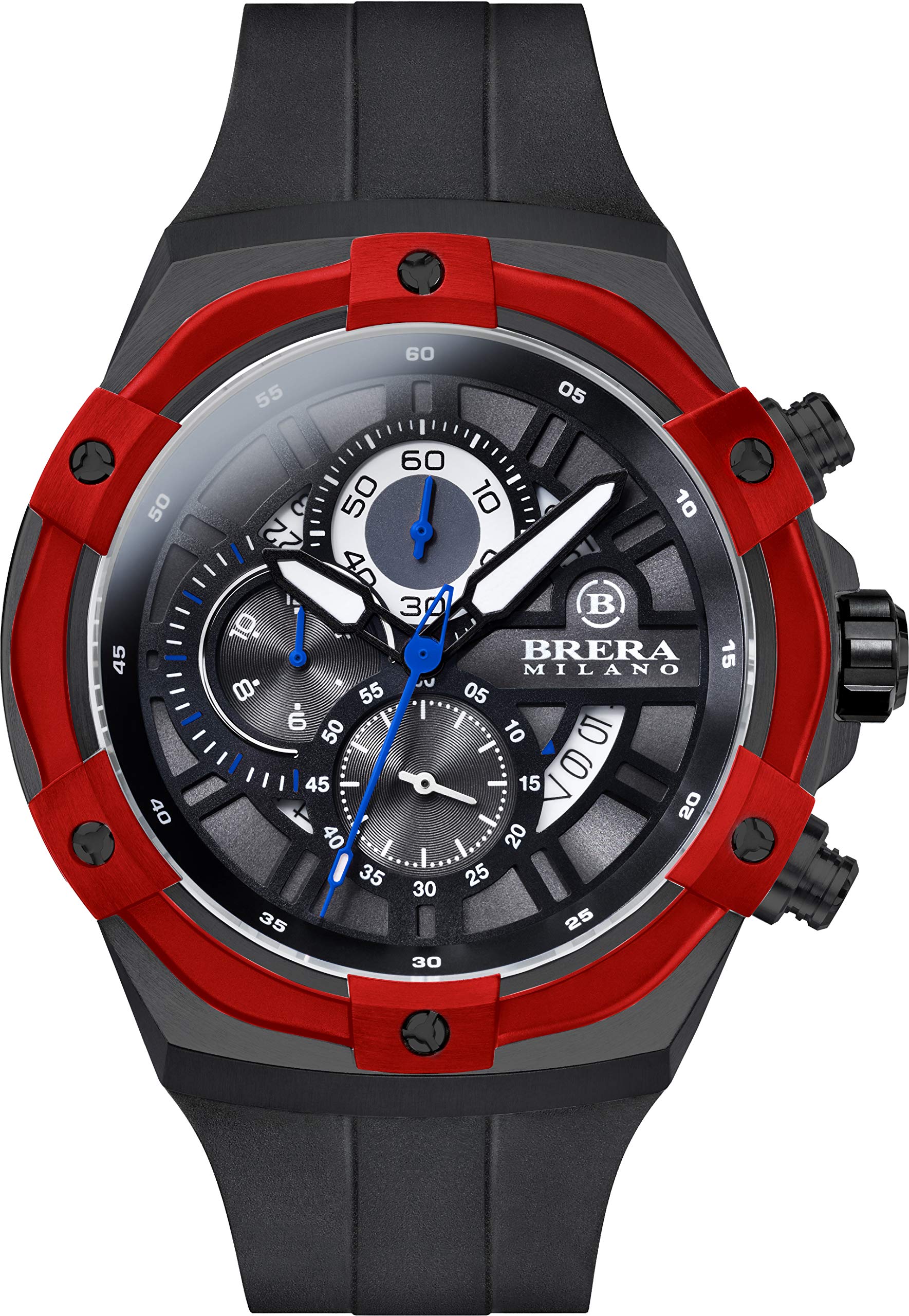 BRERA OROLOGIBrera Milano Men's Supersport Evo 45Mm Chronograph Quartz Watch, Black Steel Case, Black Dial - Red Bezel, Black Natural Rubber Strap, Black Deployant