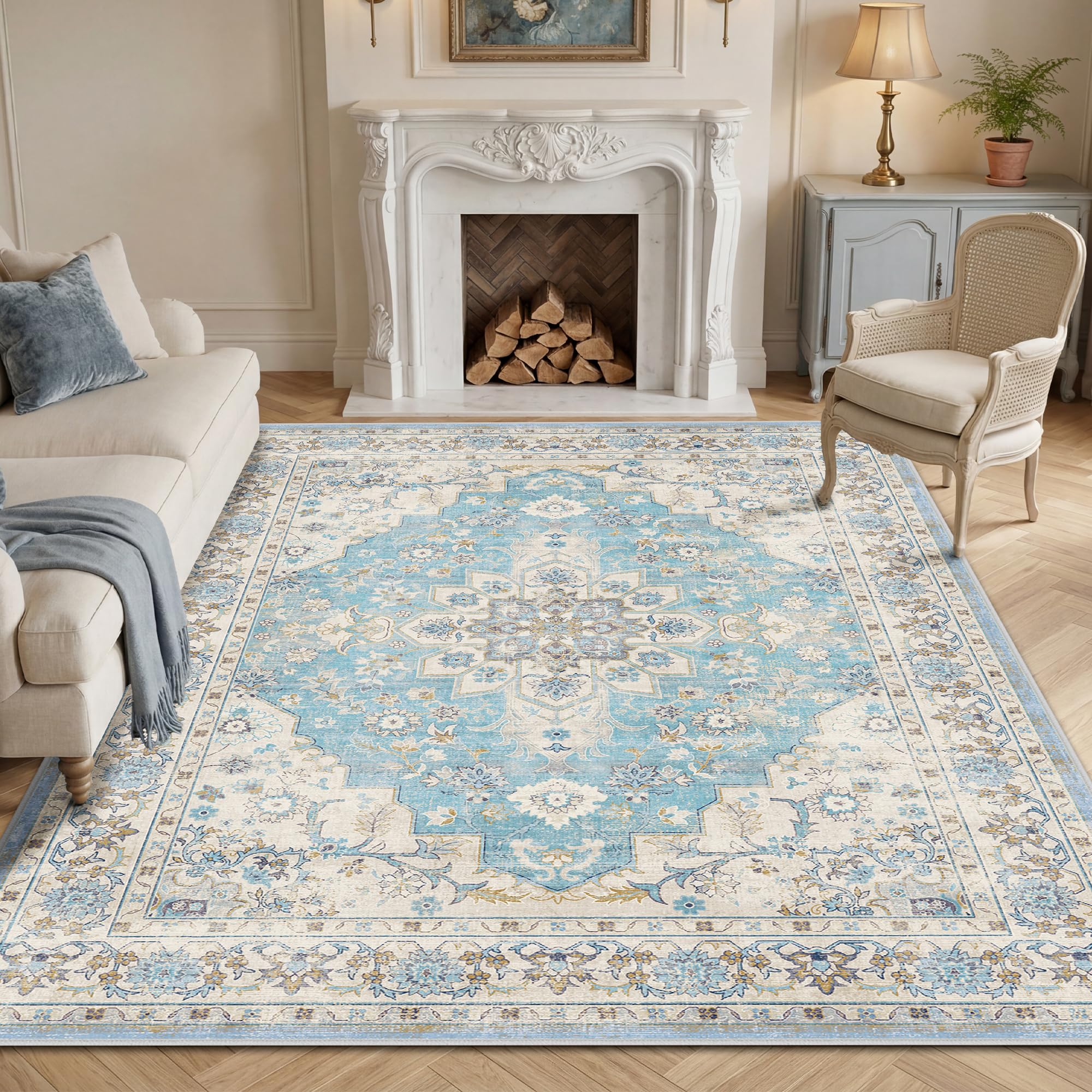 Autsel Rugs for Living Room Bedroom 160x230cm, Large Machine Washable Area Rugs Non-slip, Vintage Boho Rugs, Soft Short Pile Carpet, Light Blue Runner Rugs for Hallway, Carpet for Kitchen, Office