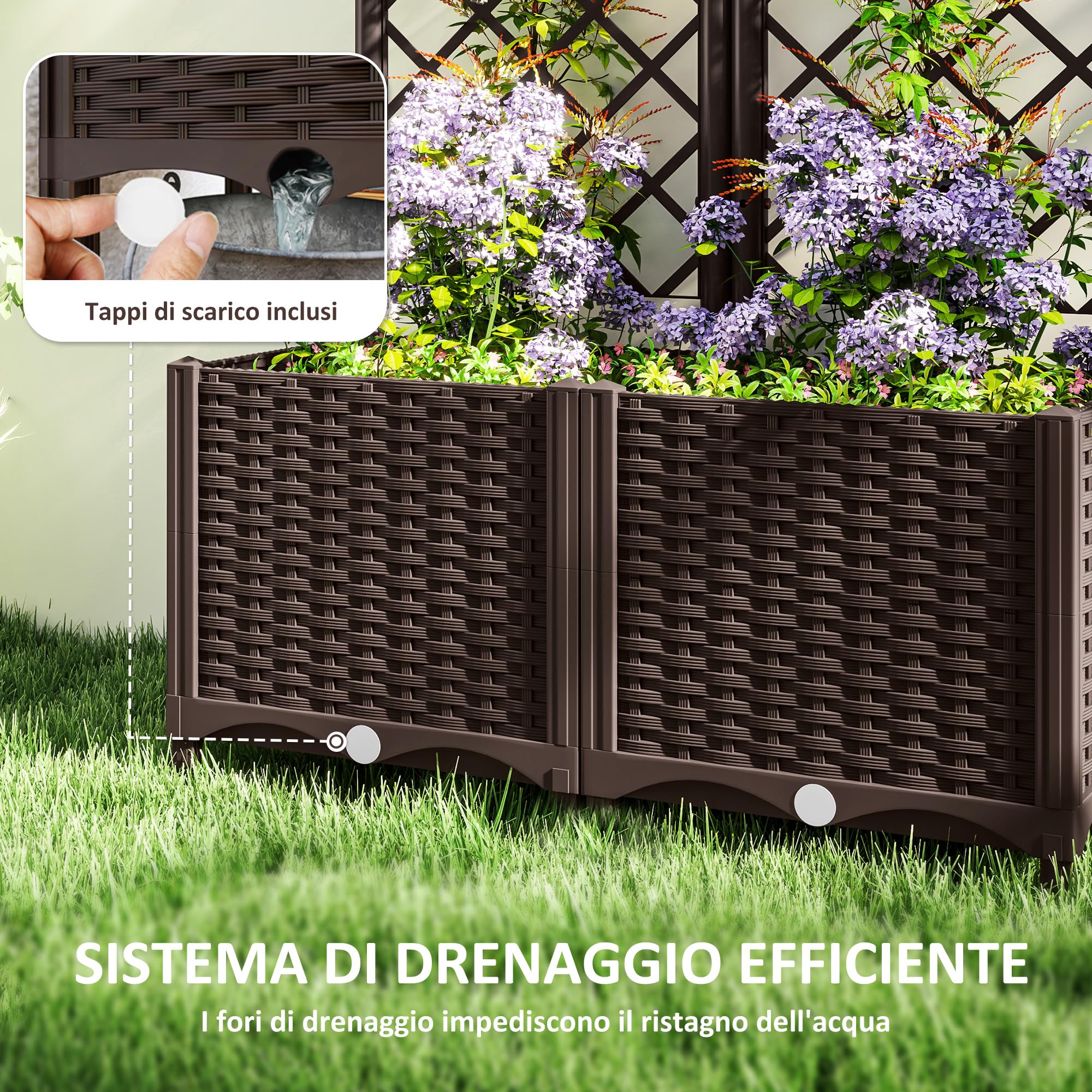 Outsunny Letto per Orto Rialzato da Esterno in PP 80x40x135 cm Marrone | Grigliato, 6 Fori di Drenaggio, Fioriera da Esterno per Piante Rampicanti, per Fiori e Verdure, per Giardino e Balcone