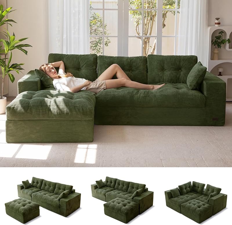 MAXYOYO Boneless Couch, 104-Inch L-Shaped Cloud Couch with Ottoman