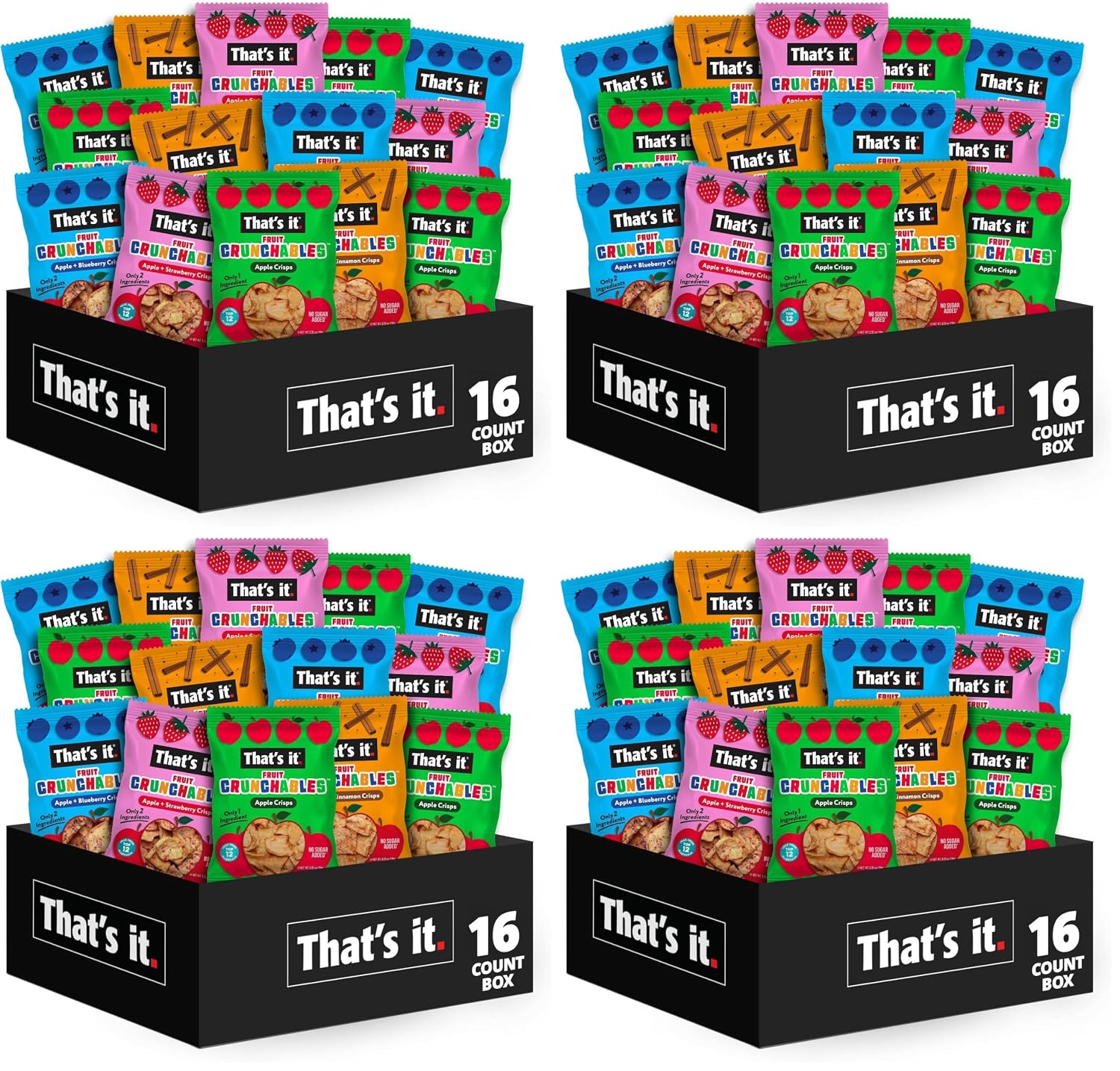 That's it. Fruit Crunchables Variety Pack, Fruit Snacks for Kids, 100% Fruit Crisps, Plant-Based, Non-GMO, Gluten-Free, No Sugar Added (64 Pack)
