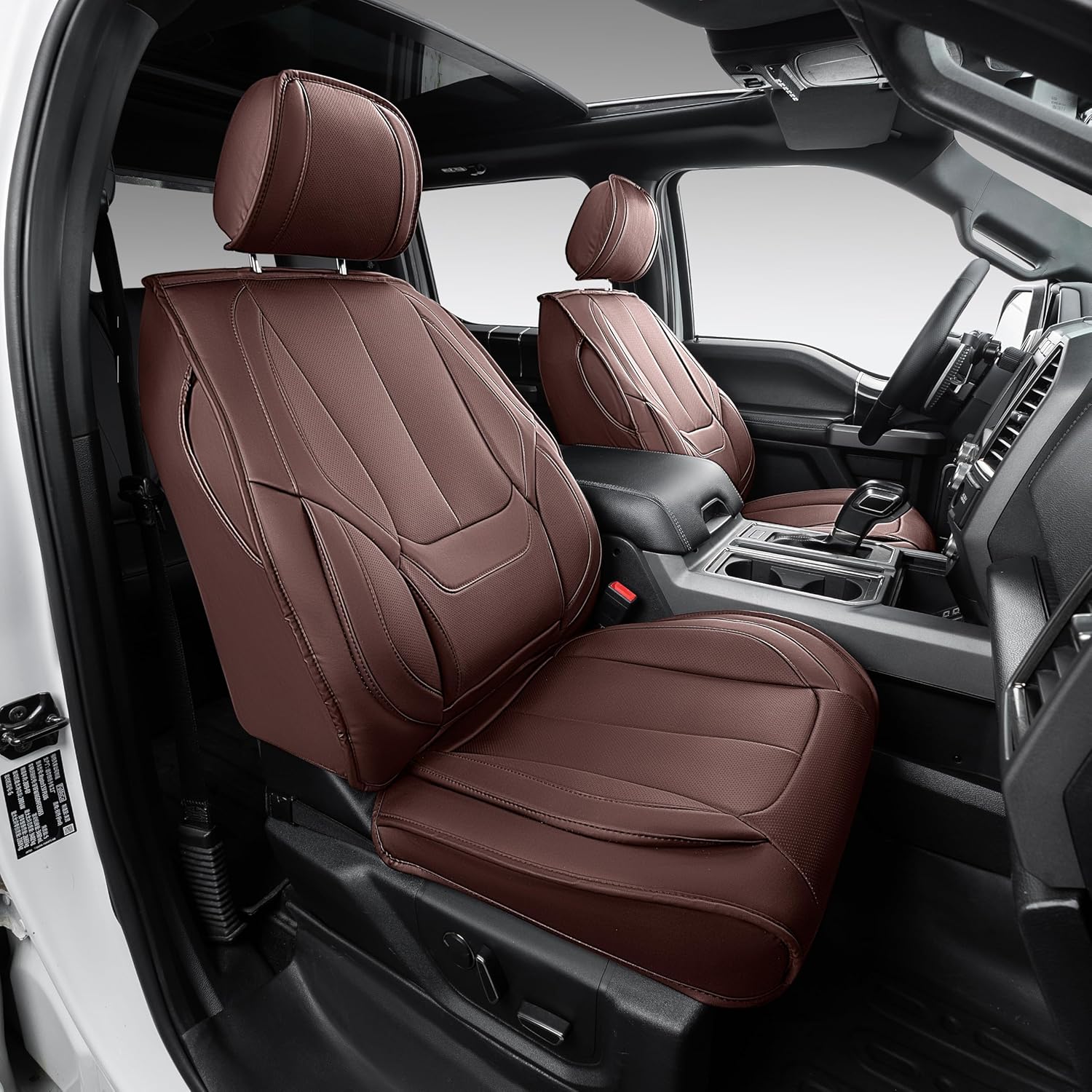 OASIS AUTO Custom Fit Seat Covers for 2014-2018 Chevy Silverado GMC Sierra 1500 2500HD 3500HD (Crew, Double & Extended Cab), Full Set Premium Leatherette, Waterproof Pickup Truck Protectors (Brown)