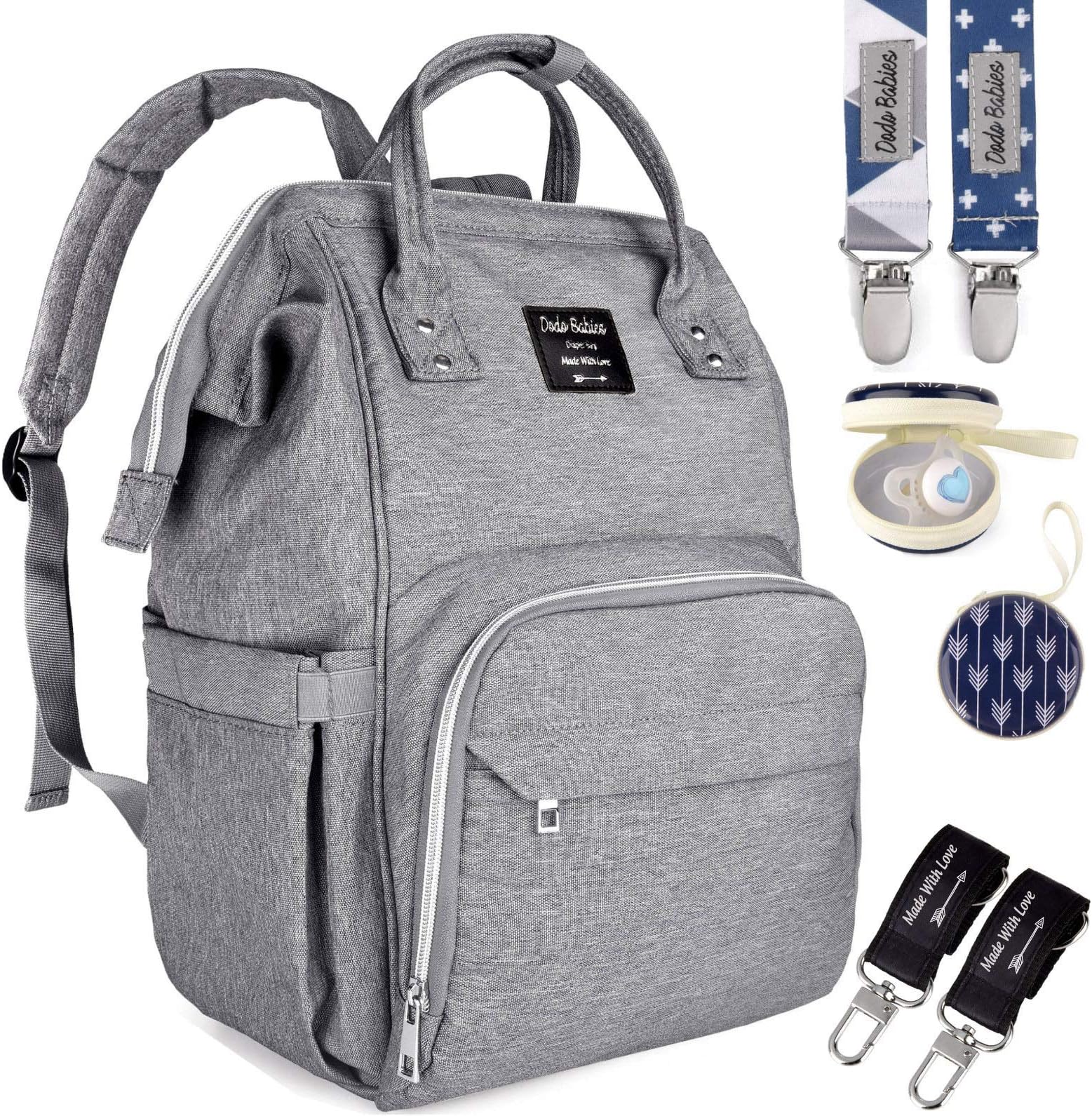 Dodo BabiesDiaper Bag Backpack Set - Insulated & Waterproof Pockets - Plus Two Pacifier Clips, Binky Case & Stroller Straps