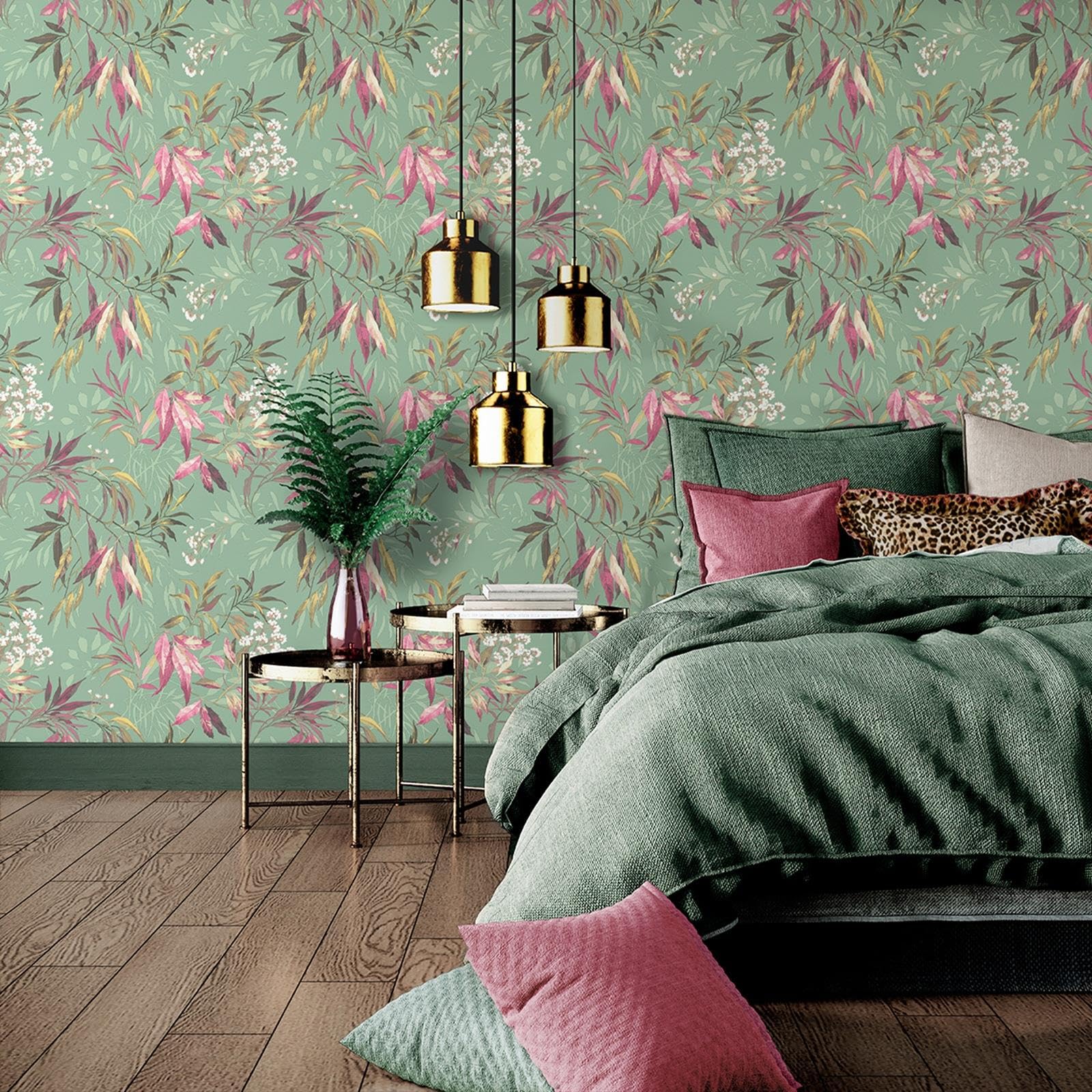 SOPHIE LAURENCE Sage Pink Leaf Wallpaper Green Botanical Smooth Feature Wall Design Luxury Modern Nature Pattern for Living Room, Bedroom, or Lounge Decor 10M x 0.53M