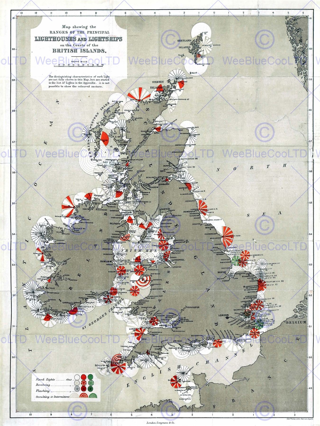 Wee Blue Coo Map Antique 1884 Price Lighthouses Lightships British Isle Wall Art Print