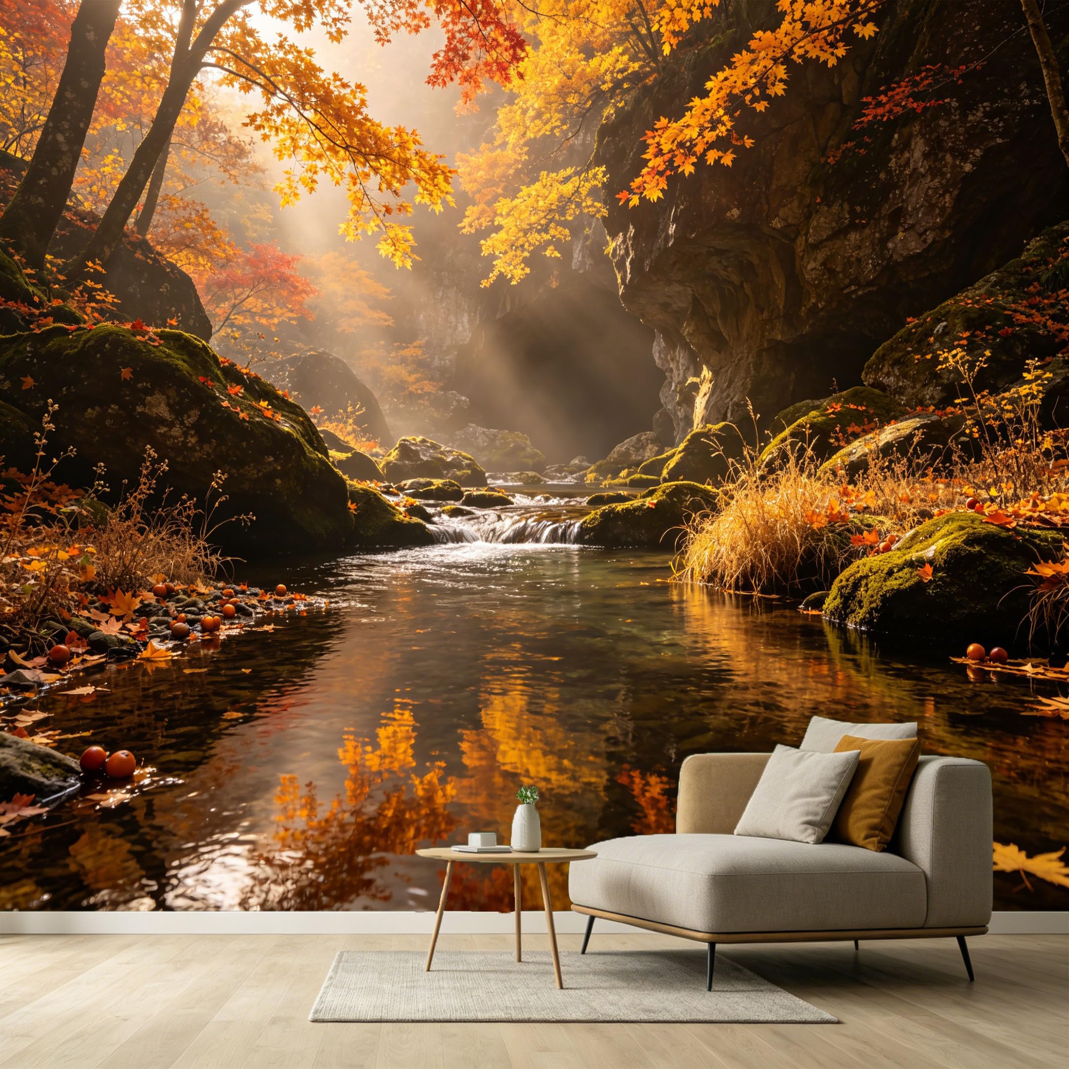 Custom Size Wall Murals Autumn Forest Landscape River Sunlight Rock Reflection SelfAdhesive Wall Fabric Removable Large Wallpaper for Photo Living Room