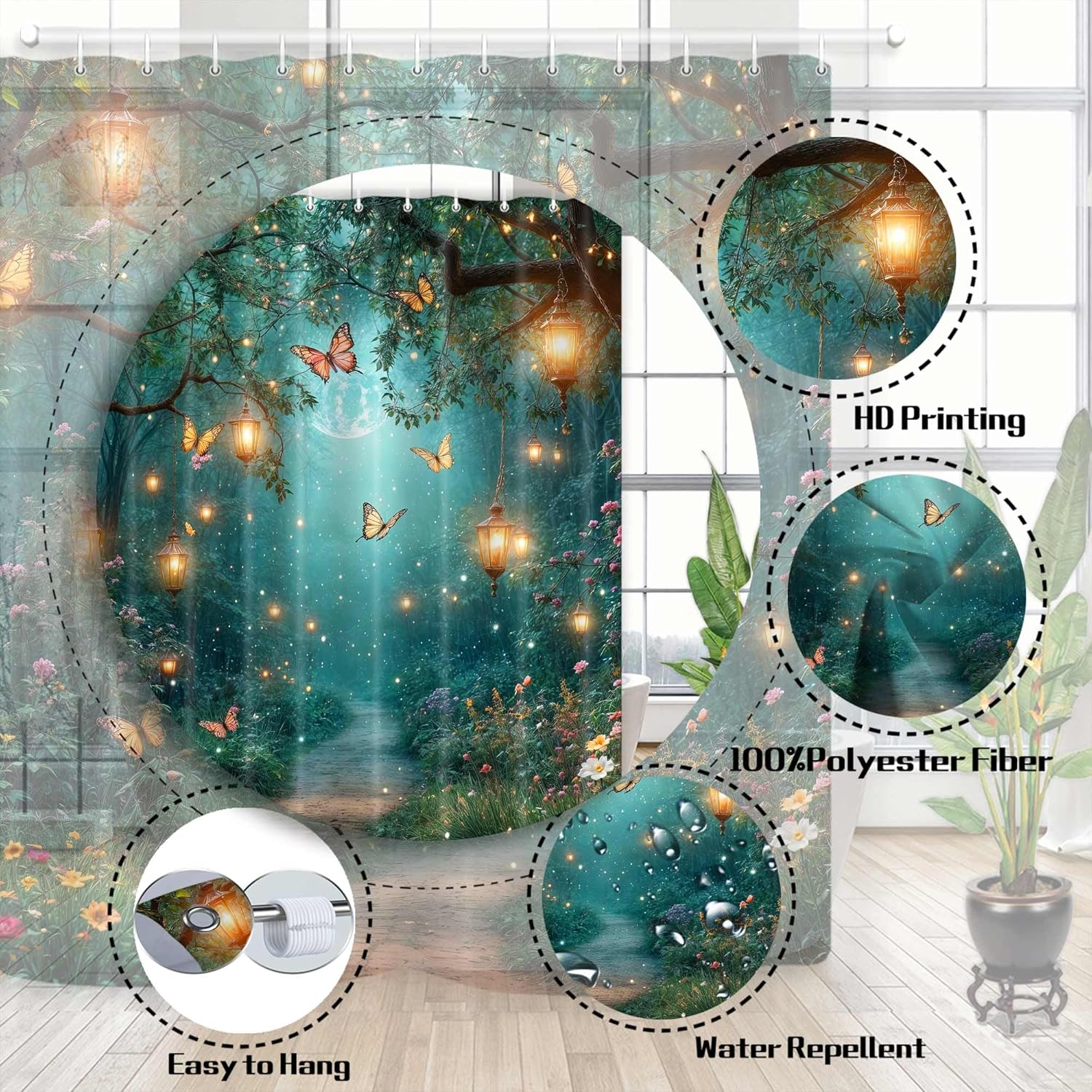 Fairy Enchanted Forest Shower Curtain, Spring Fantasy Wonderland Jungle Girls Flower Bath Curtain, Natural Scenery Shower Curtain Set with Hooks for Bathroom Decor Accessories, 72X75IN