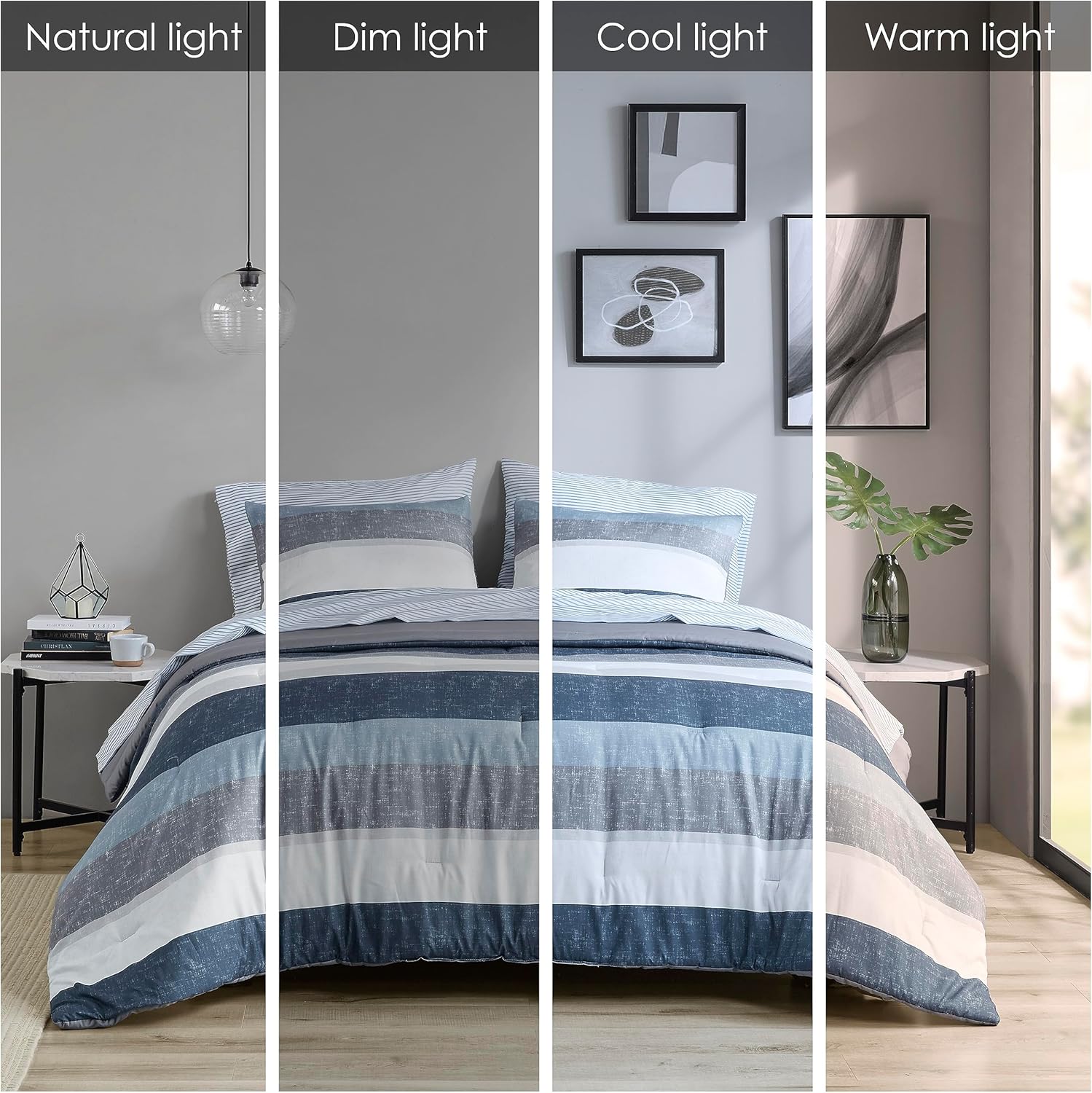 Twin Blue and Grey Microfiber 7-Piece Bed in a Bag Set