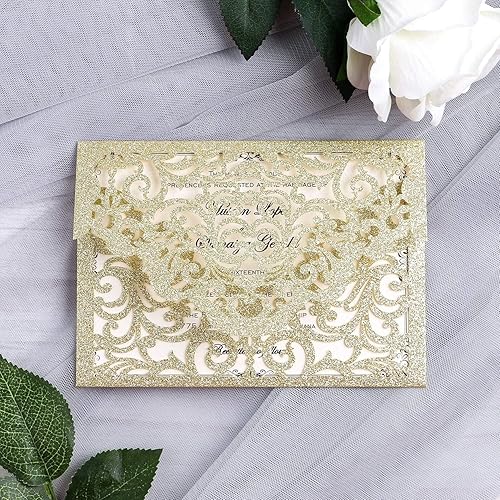 Miniatura 4 de Juego de 20 tarjetas de invitación de boda cortadas con láser con sobres para boda, quinceañera, cumpleaños, compromiso, despedida de soltera,