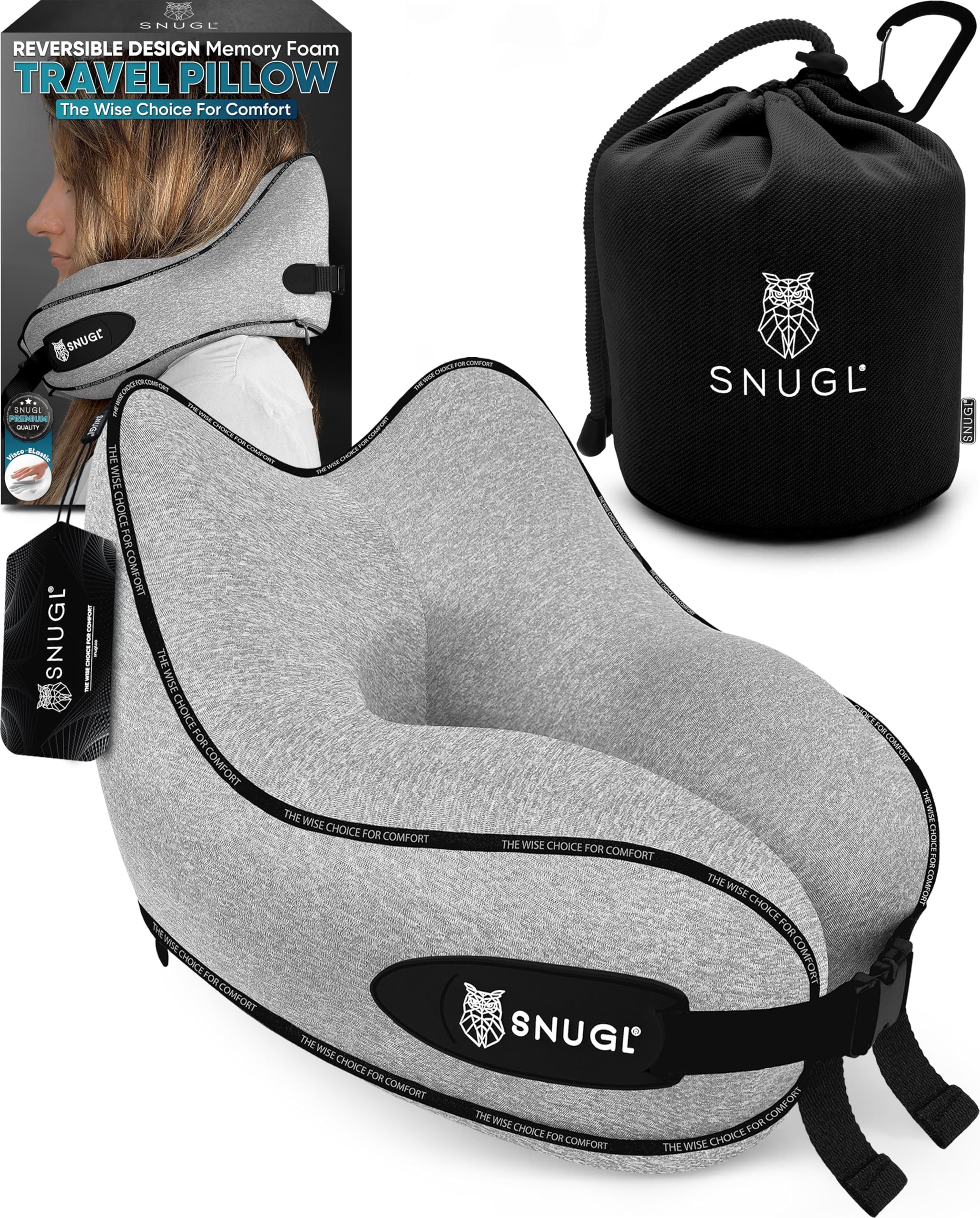 SNUGL Travel Pillow – Memory Foam Neck Pillow for Travel – Support Cushion for Airplane with Carry Bag & Clip - Holiday Essentials (Grey - Adult Small)