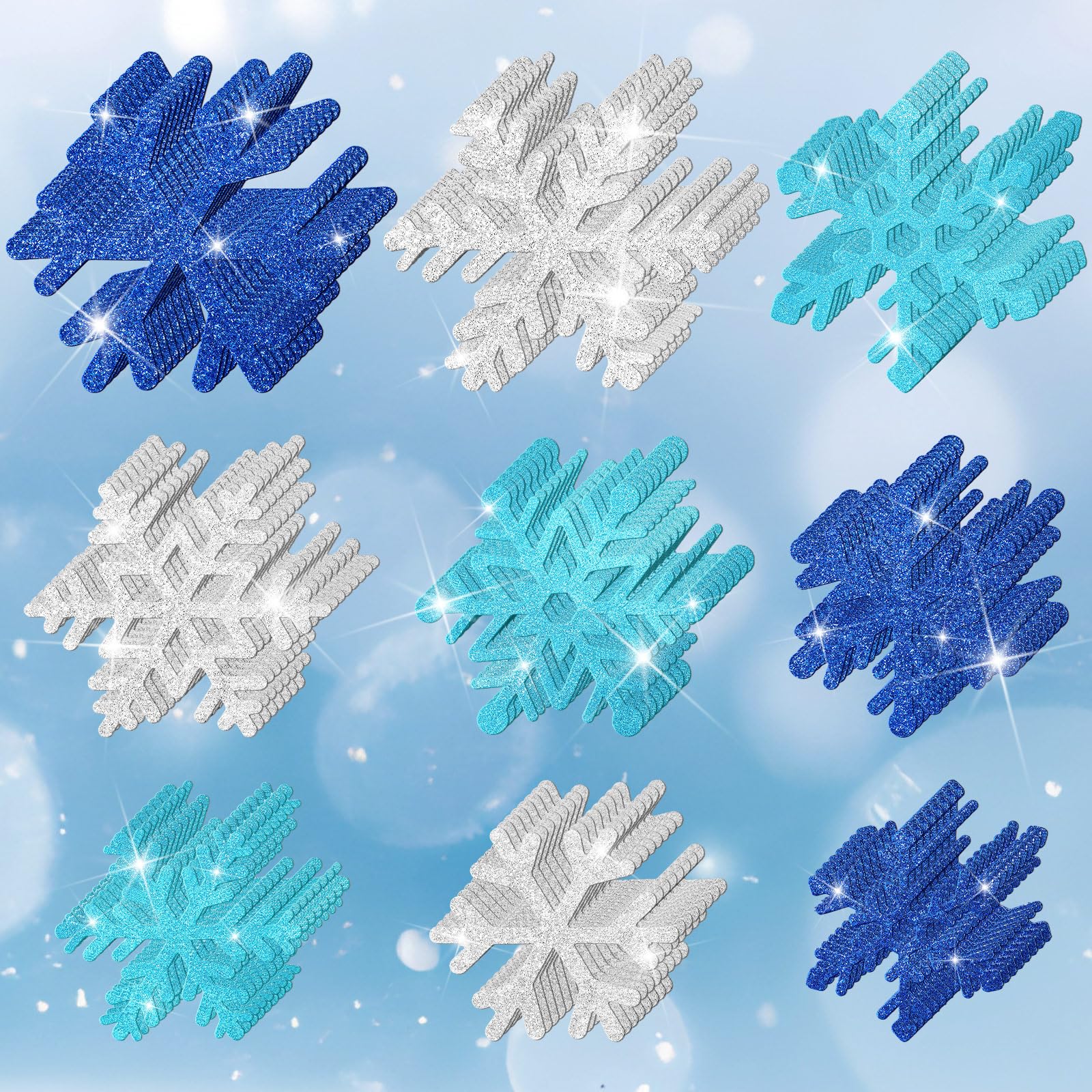 Fuutreo 108 Pcs Snowflake Cutouts Glitter Paper Decoration, Silver,Blue