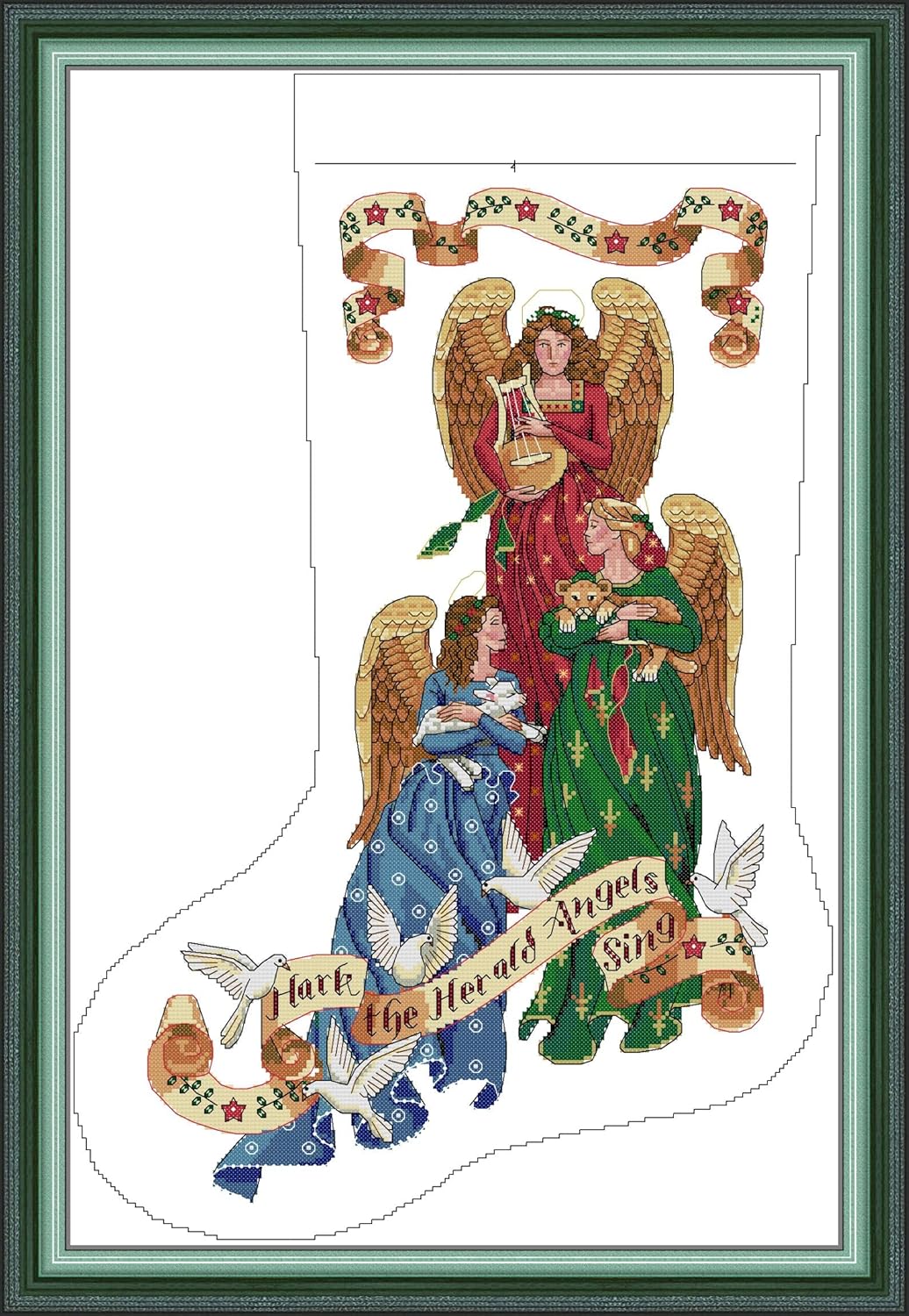 CaptainCrafts Cross Stitch Kits, Christmas Stocking Stamped Cross Stitch Prepainted 11CT Fabrics Corss Stitch DMC DIY Needlework Embroidery Kit for Adults (Stamped 11CT, Angelic Harmony Stocking)