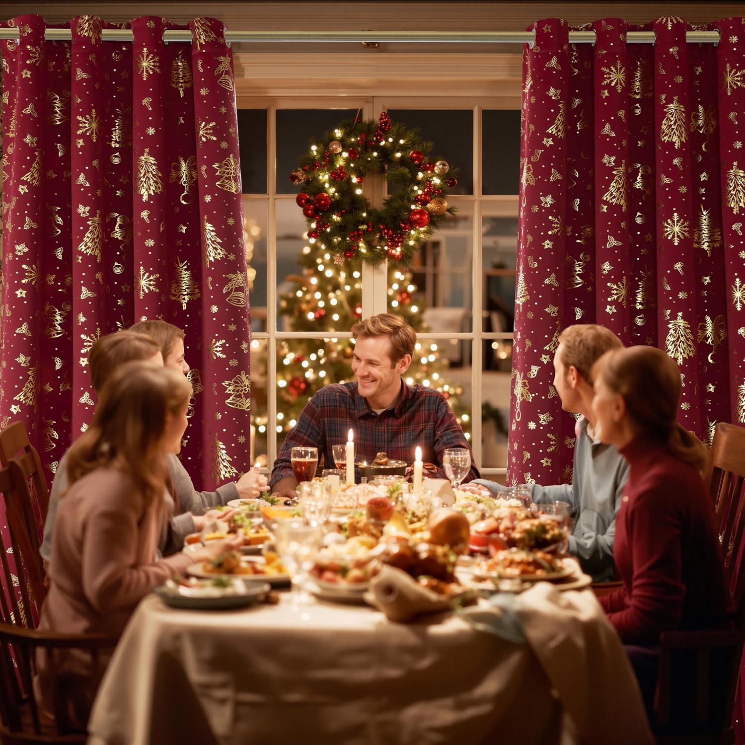 NICETOWN 2 Christmas Red Curtains 52 x 90 Inch, Gold Stamping Grommet Drapes, Holiday Style Window Treatment Panels for Living Room Bedroom Decoration, Festive Christmas Decor