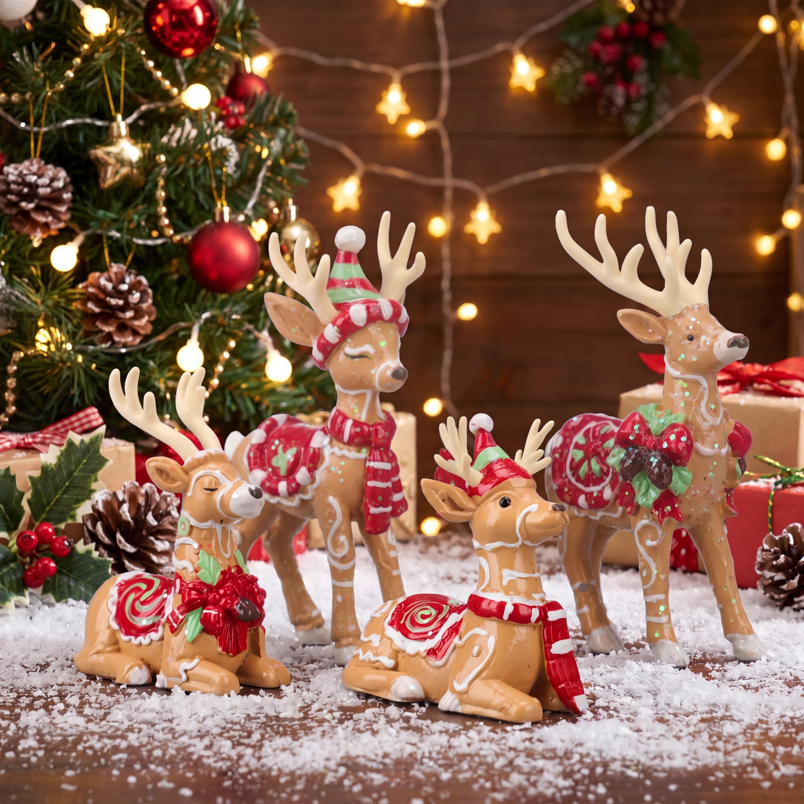 Thyle 4 Pcs Gingerbread Christmas Reindeer Decorations Resin Figurines