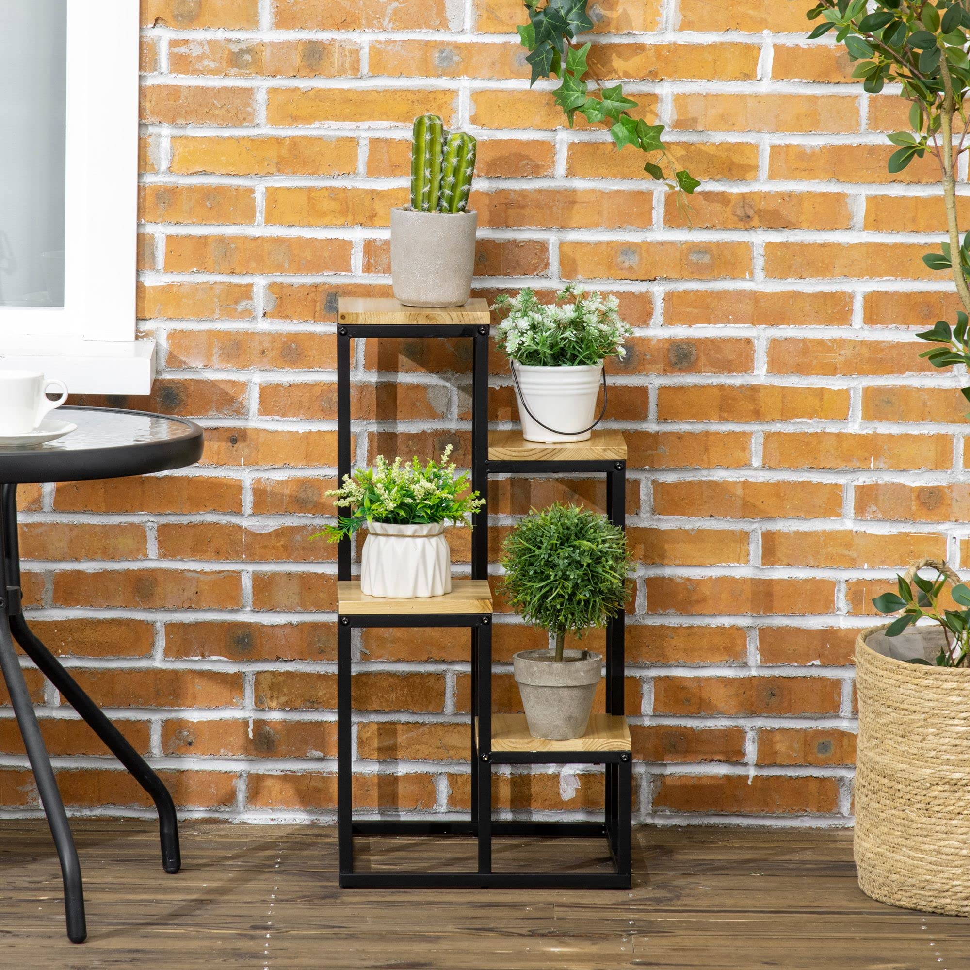 Outsunny Support pour Plantes Étagère à Fleurs 4 Étagères Différentes Hauteurs Structure Acier - 34 x 34 x 66 cm