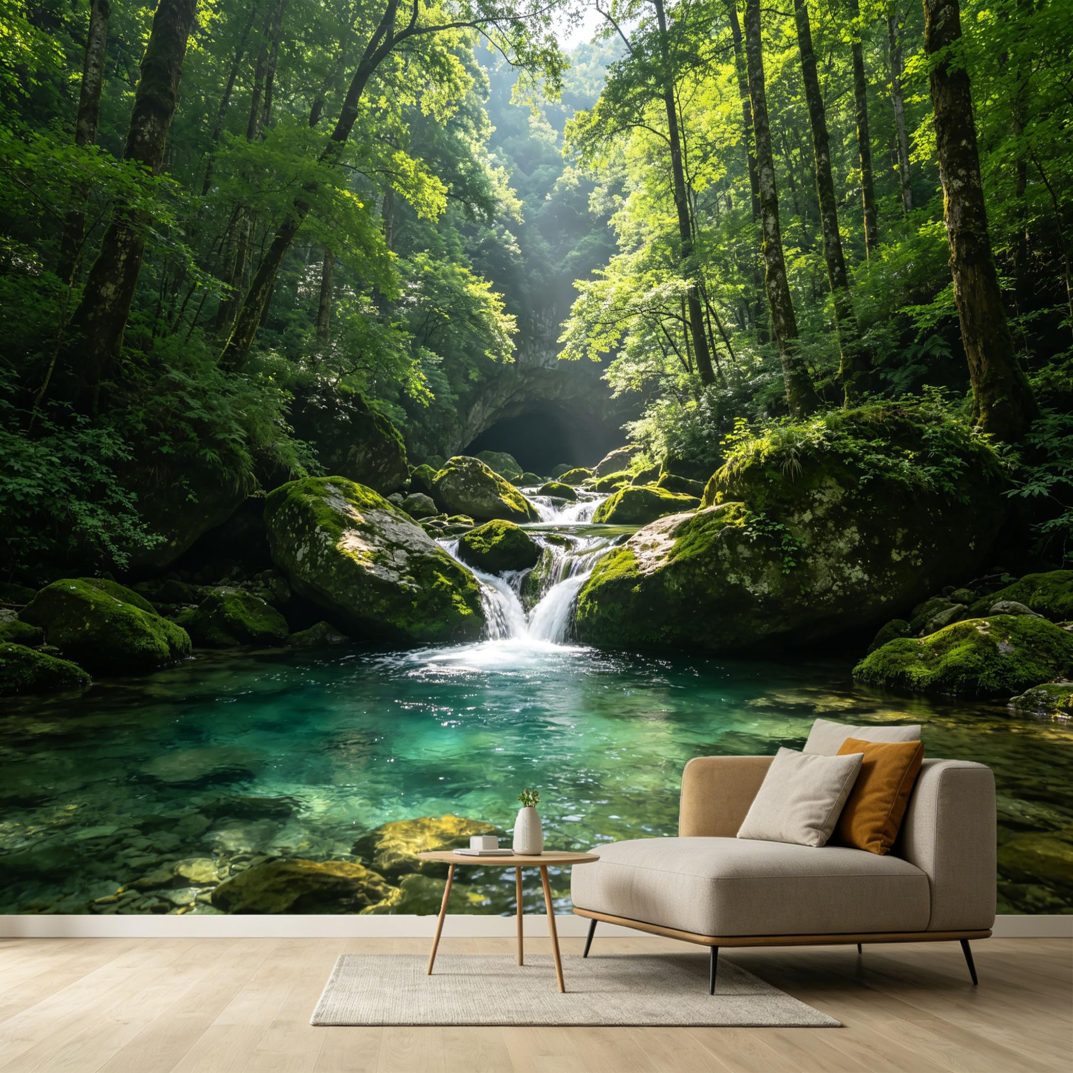 Custom Size Wall Murals Sunlight Forest Stream Mossy Rocks Landscape SelfAdhesive Wall Fabric Removable Large Wallpaper for Photo Living Room Interior Decor Wall Art