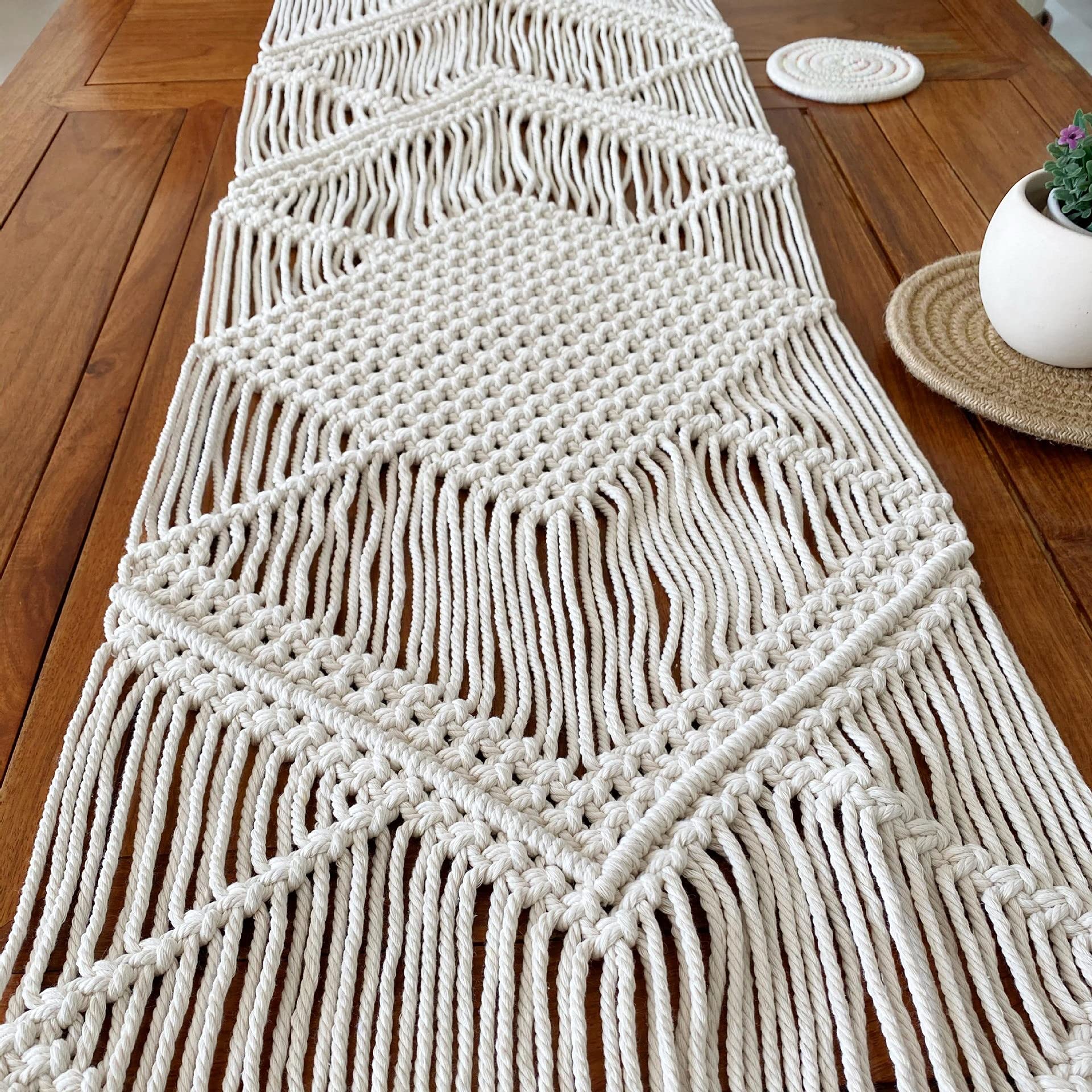 JIUYUEYA Bohemio Algodón Hecho a Mano Tejer Copetudo Borlas Camino de Mesa por Sala de Estar Cocina Fiesta Boda Decoración