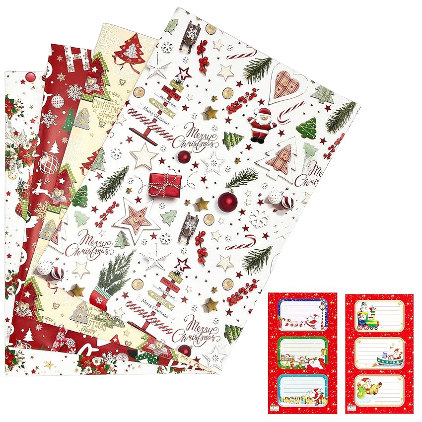 Immagine del prodotto ARKRAFT carta da regalo natale natalizio format XXL 4 fogli + 6 sticker chiudipacco (NAT3+Stickers)