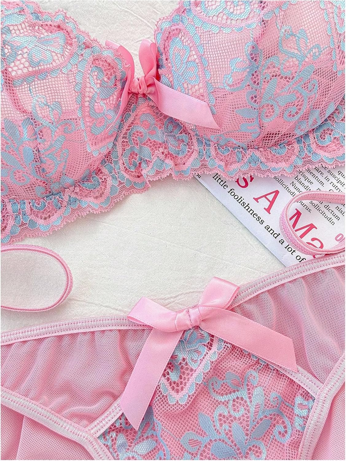 OYOANGLE Women's Floral Lace Sheer Lingerie Set See Through Bow Tie Underwire Bra Thong Sets - Image 3