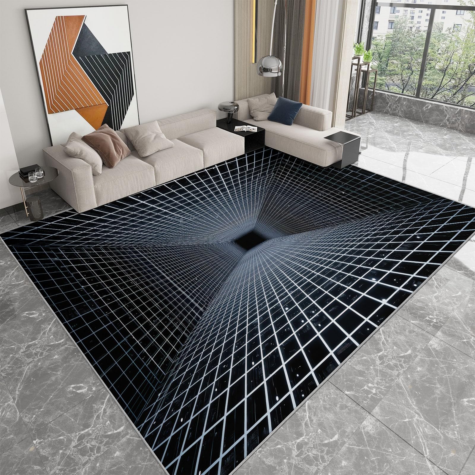 Miękki antypoślizgowy dywan 180 x 240 cm kratka białe klocki geometryczne dywaniki do sypialni z krótkim włosiem, złudzenie optyczne zmywalny antypoślizgowy dywan, do sypialni korytarze salon kuchnia