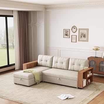 Sectional Sofa with Storage Chaise, Convertible Corner Design & Solid Wood Frame - Upholstered Multi-Functional Sofa for Living Room, Apartment,Beige
