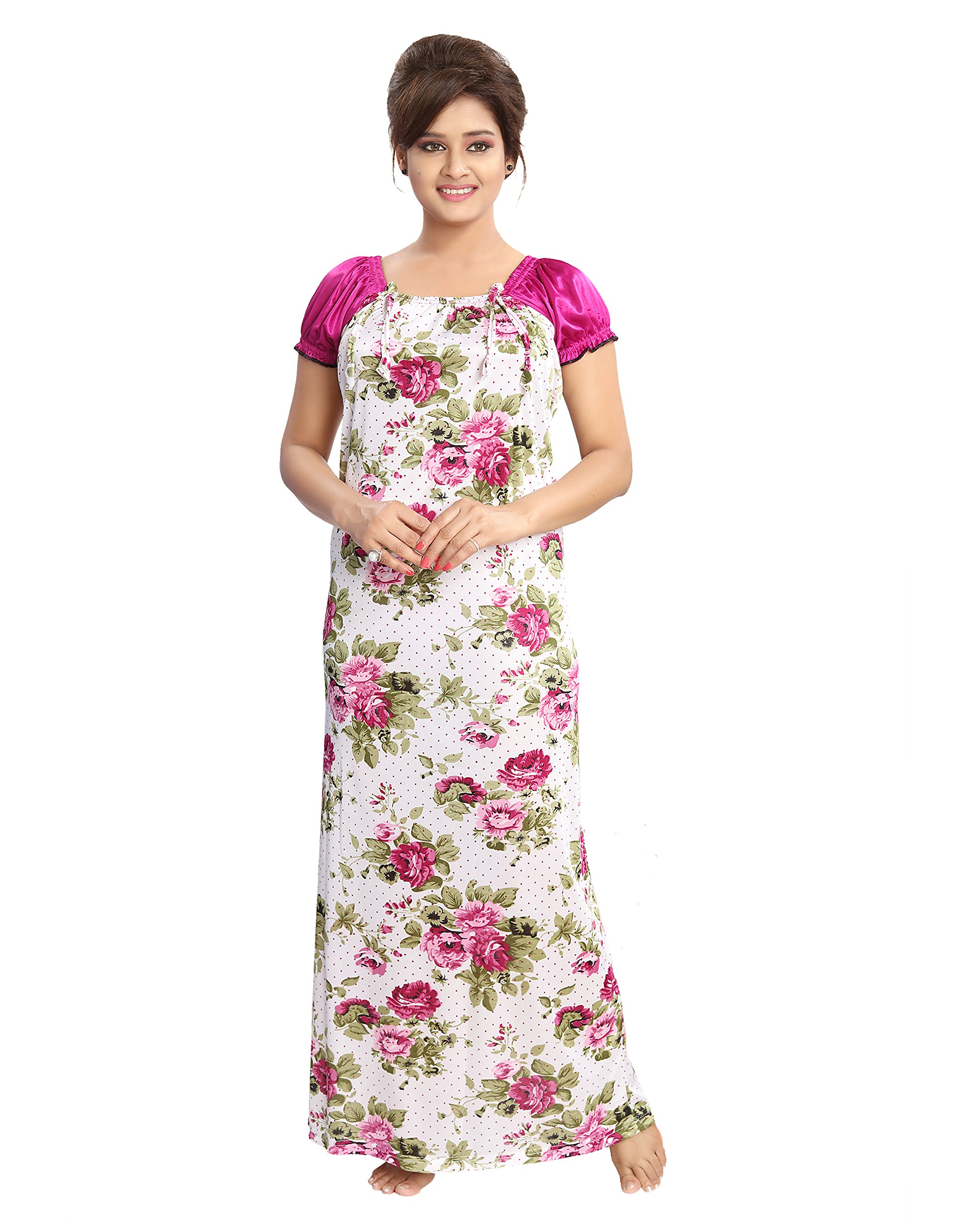 Glam World Women's Satin Maxi Nightwear (GWN5242_Pink)