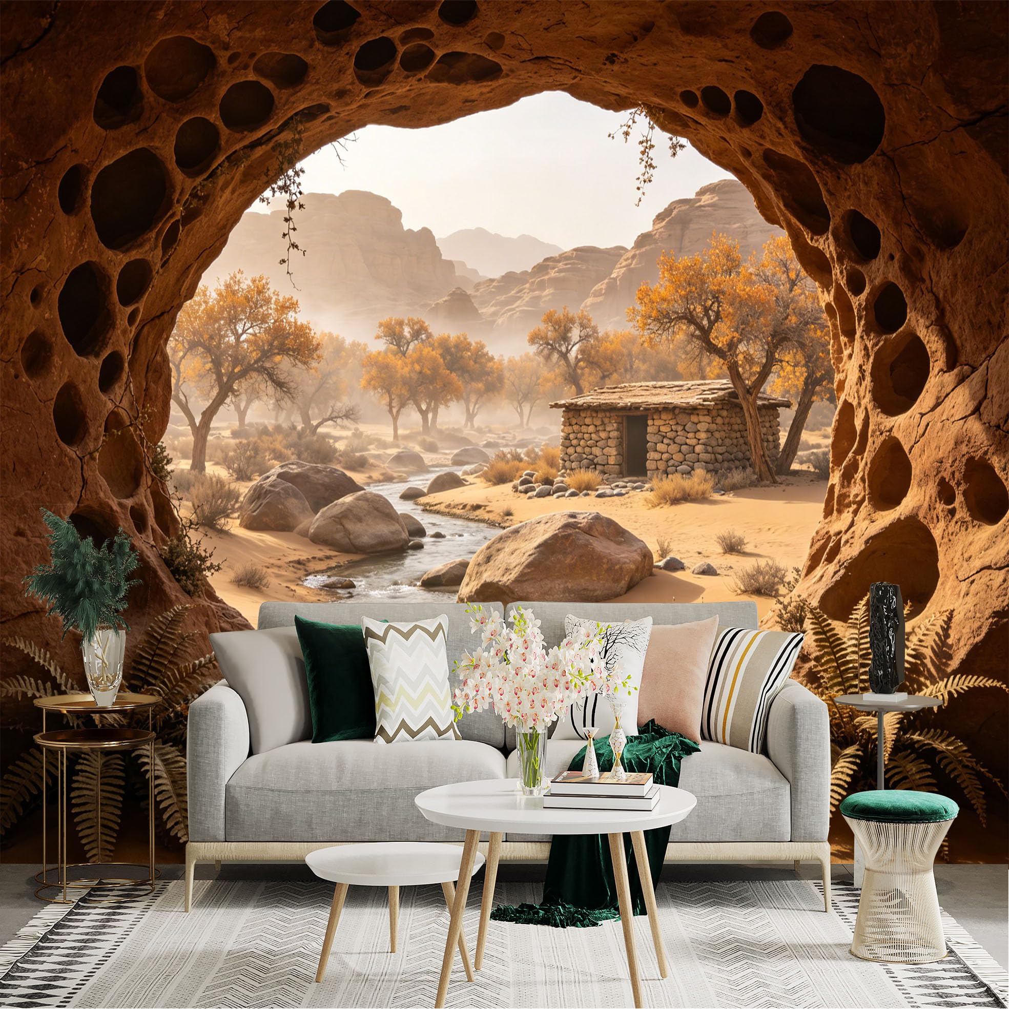Custom Size Wall Sticker Mural， Desert Canyon View with River， Stone Hut and Autumn Trees， for wall Decoration， peelandstick wall Decals.