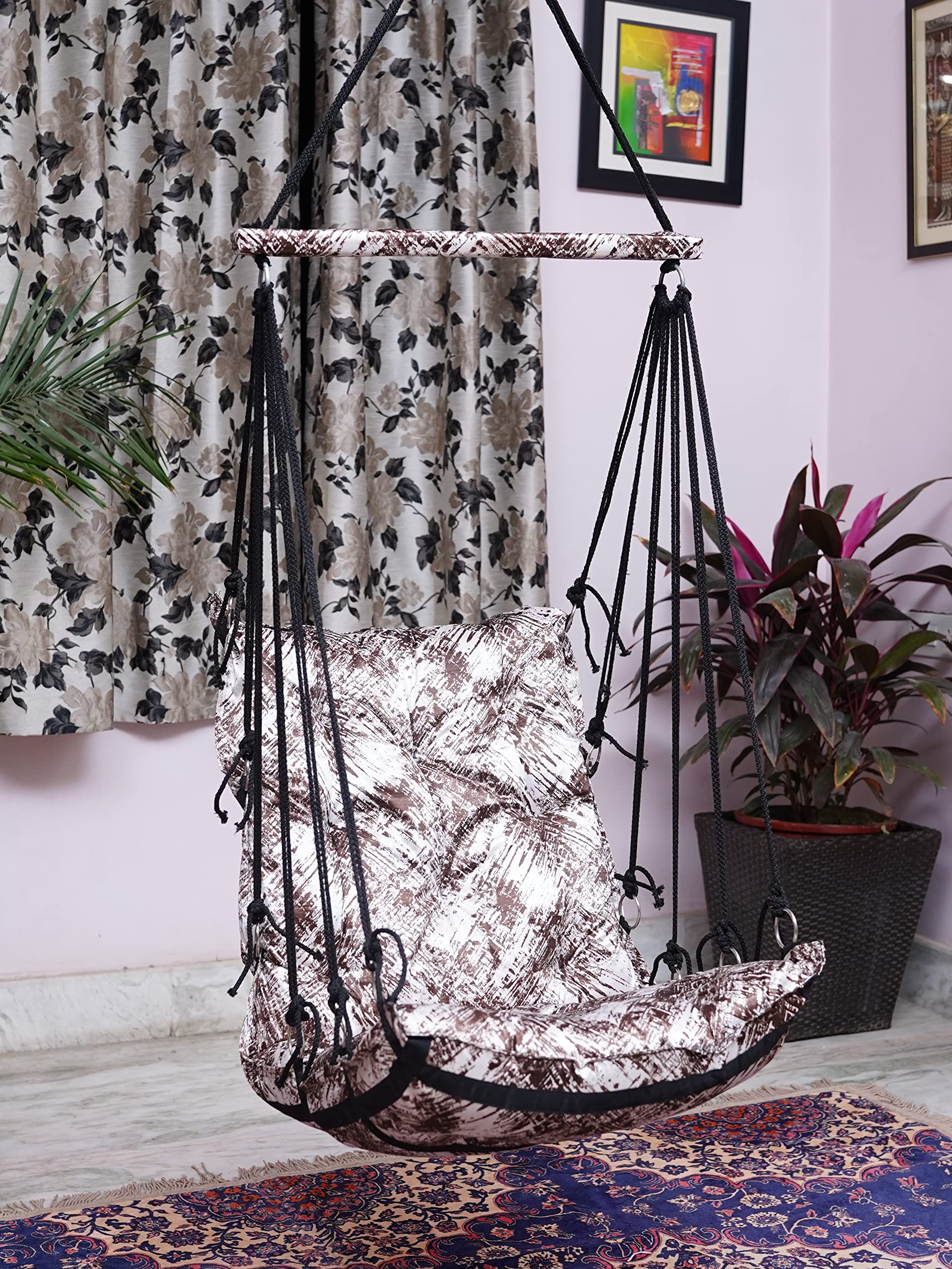 Swing for Adults/Jhula for Adults/Swing for Living Room/Swing for Balcony/Swing Chair/Swing for Adults for Home/Cushioned Hammock Hanging Swing with Hanging Kit (Brown Texture Print) by Patiofy-image-15