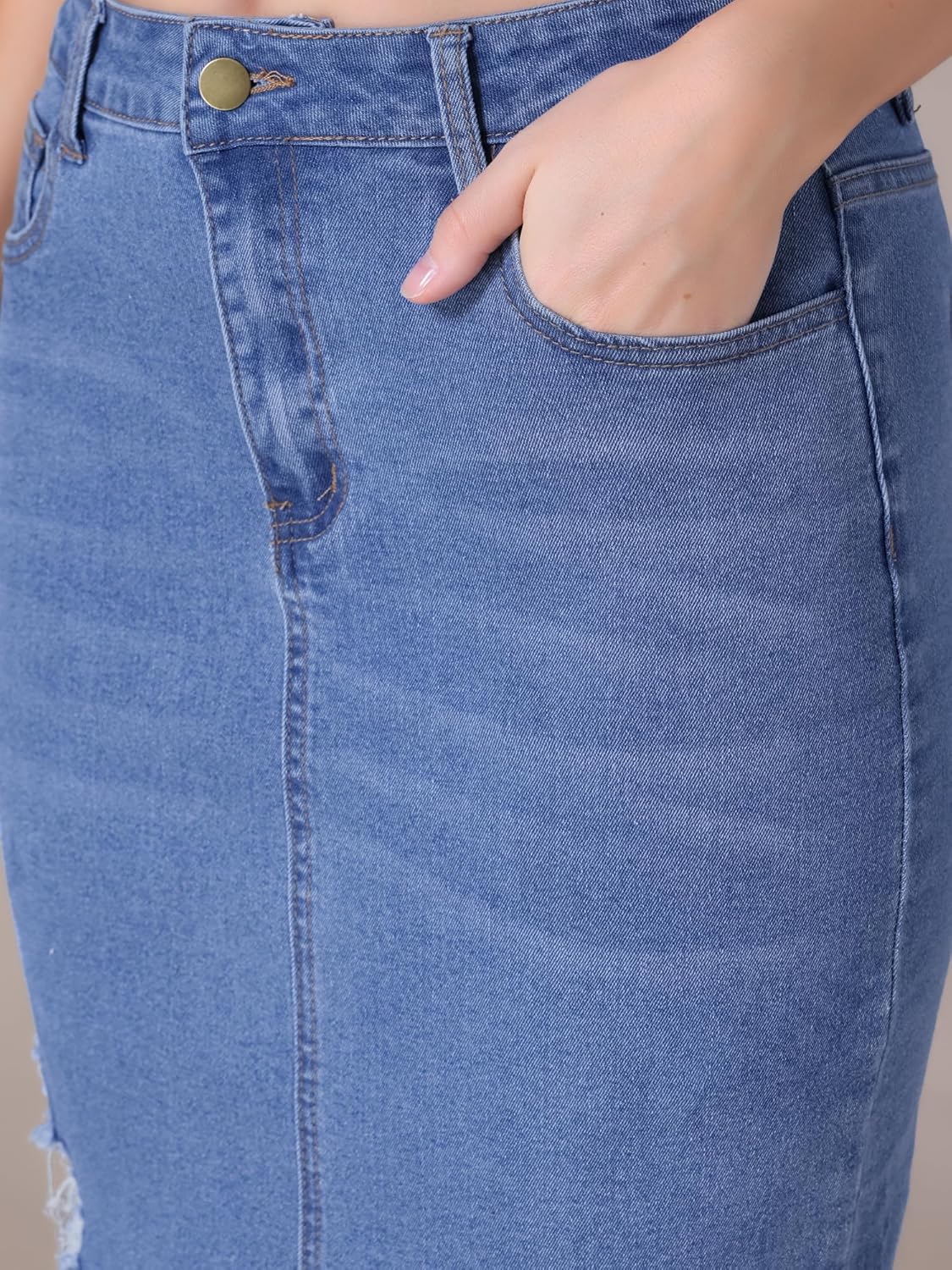 Women's Long Denim Skirt Mid Waisted Stretch Ripped Raw Hem Split Casual Pencil Midi Jean Skirts - Image 5