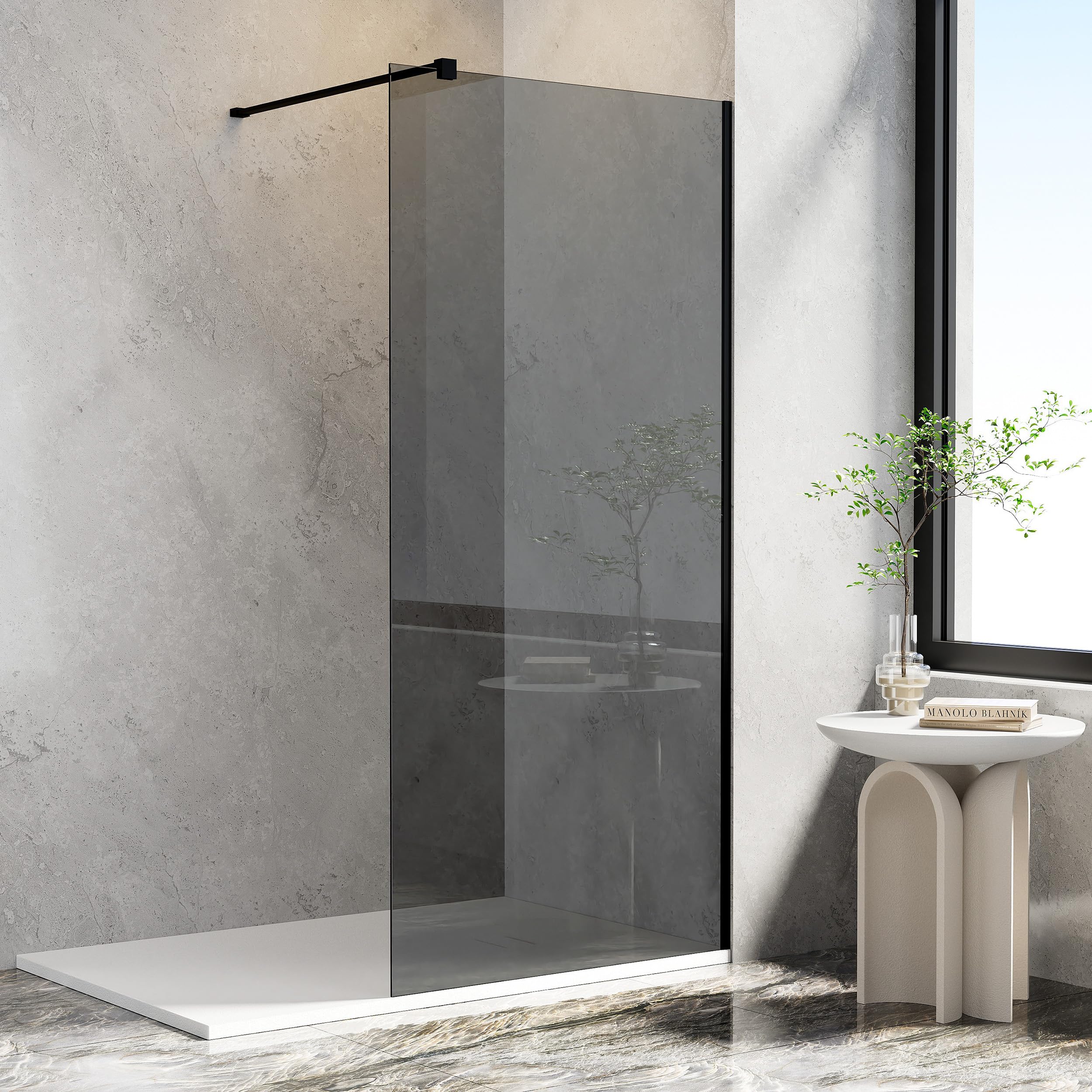 AQUARA Walk in Shower Screen, 900 x 1900mm Shower Enclosure with 8mm Easy Clean Grey Toughened Saftey Glass, Black Wet Room Shower Cubicle with Support Bar