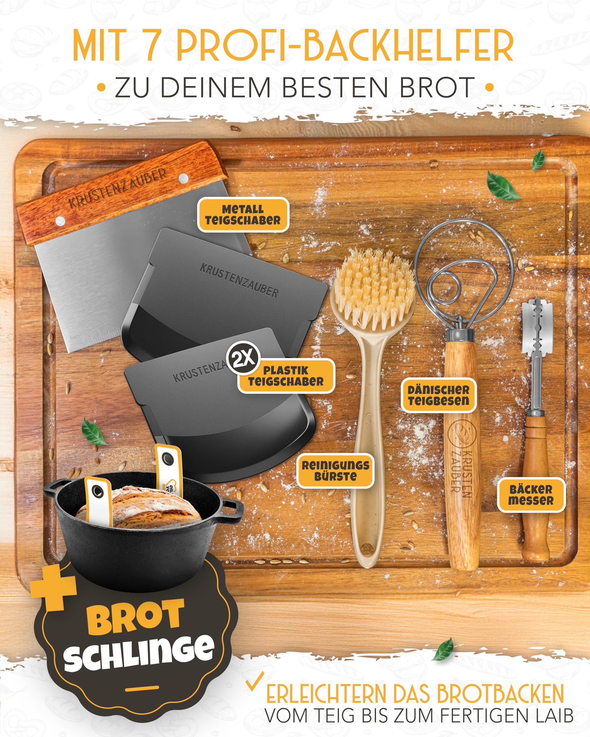 KRUSTENZAUBER Set XXL per pane in ghisa – Stampo per pane con coperchio con cestino per lievitazione, frusta, coltello da forno, raschietto per pasta, ciotola per pane e molto altro ancora – Set