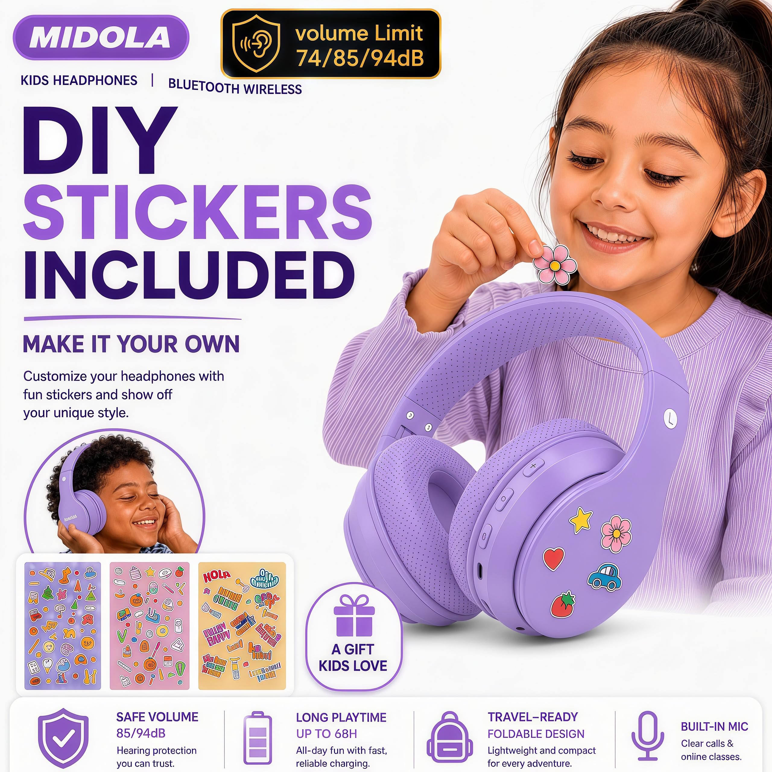 MIDOLA Auriculares inalámbricos Bluetooth para niños, límite de Volumen, 85 dB, 110 dB, Plegables, protección contra el Ruido, AUX de 3,5 mm, micrófono para niños, niñas, Viajes, Escuela, teléfono