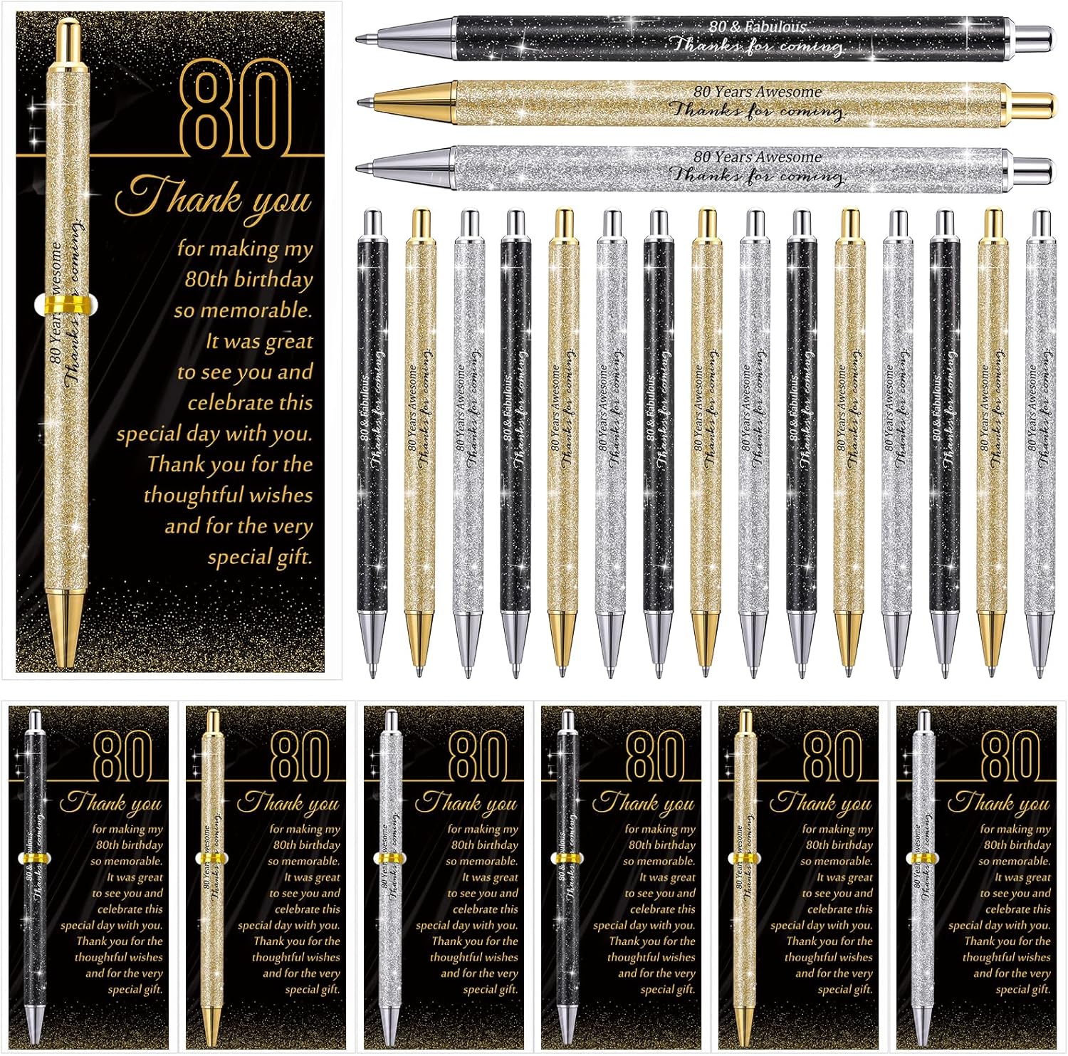 Feifeiya 24 Set 80th Birthday Party Favor for Guests Anniversary Appreciation Gifts Birthday Glitter Ballpoint Pen and Thank You Cards for Women Men Years Party Favor Decoration Supplies