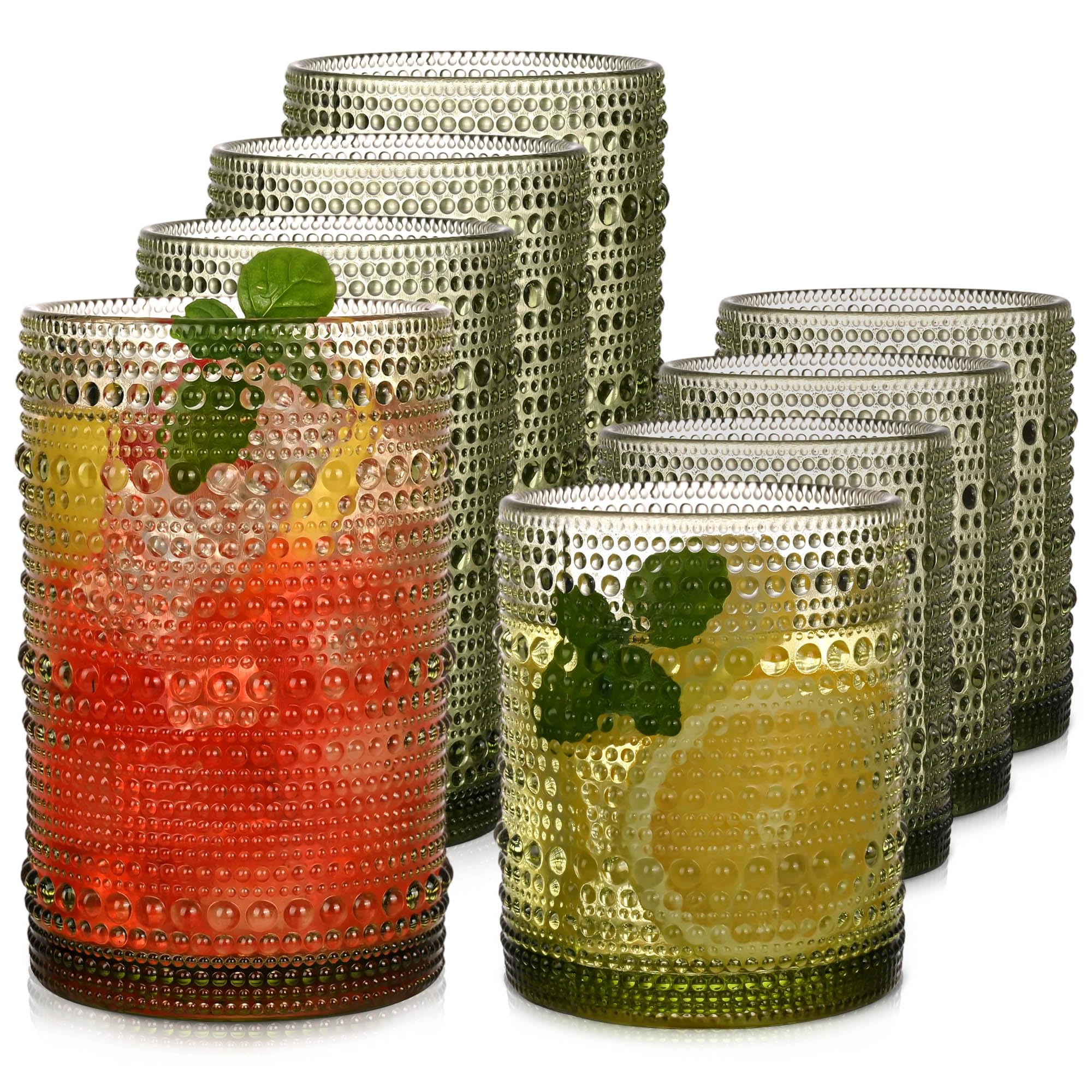 Green Hobnail Drinking Glasses Set of 8，15 oz Vintage Highball Glassess &amp; 12 oz Cocktail Glasses，Drinkware Kitchen Glasses for Cocktail, Iced Coffee, Beer, Ice Tea, Wine, Whiskey, Water