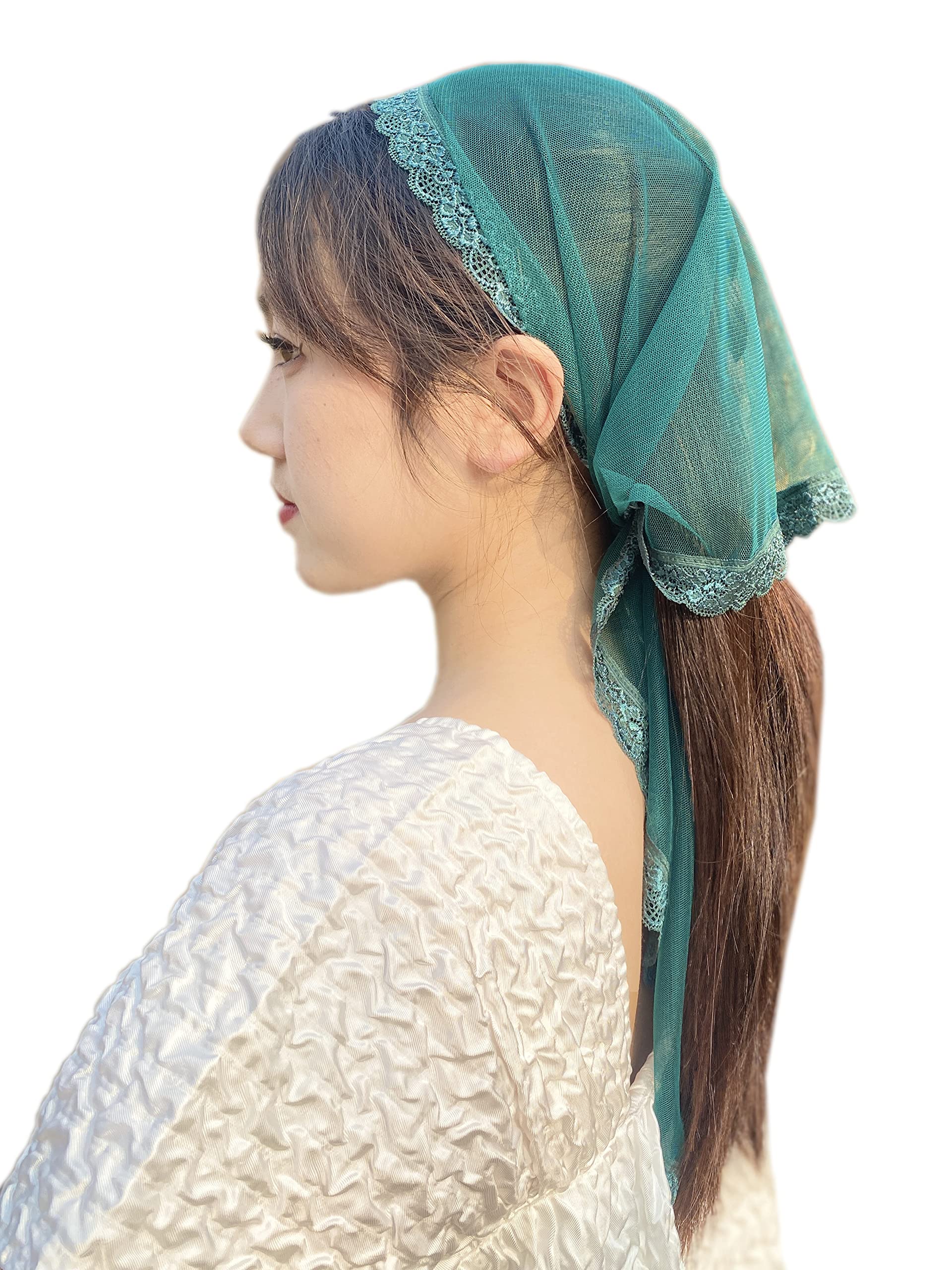 YuRongsxt Triangle Chapel Veil Mantilla Lace Headcovering Catholic Latin Mass M15, Dark Green, Large